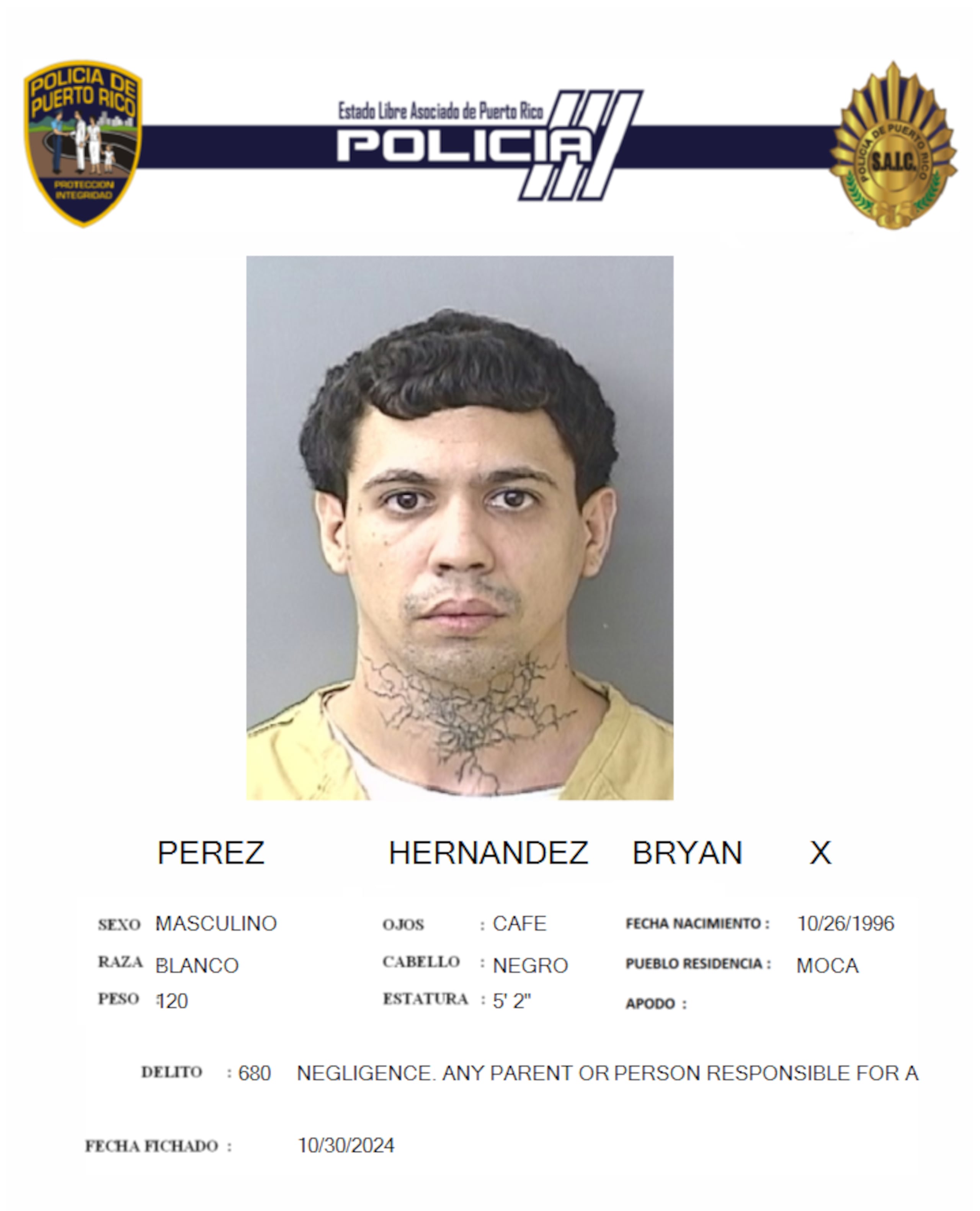 Bryan X. Pérez Hernández, fue acusado de homicidio negligente, agresión sexual, actos lascivos y maltrato por negligencia, por la muerte de su novia de 13 años.