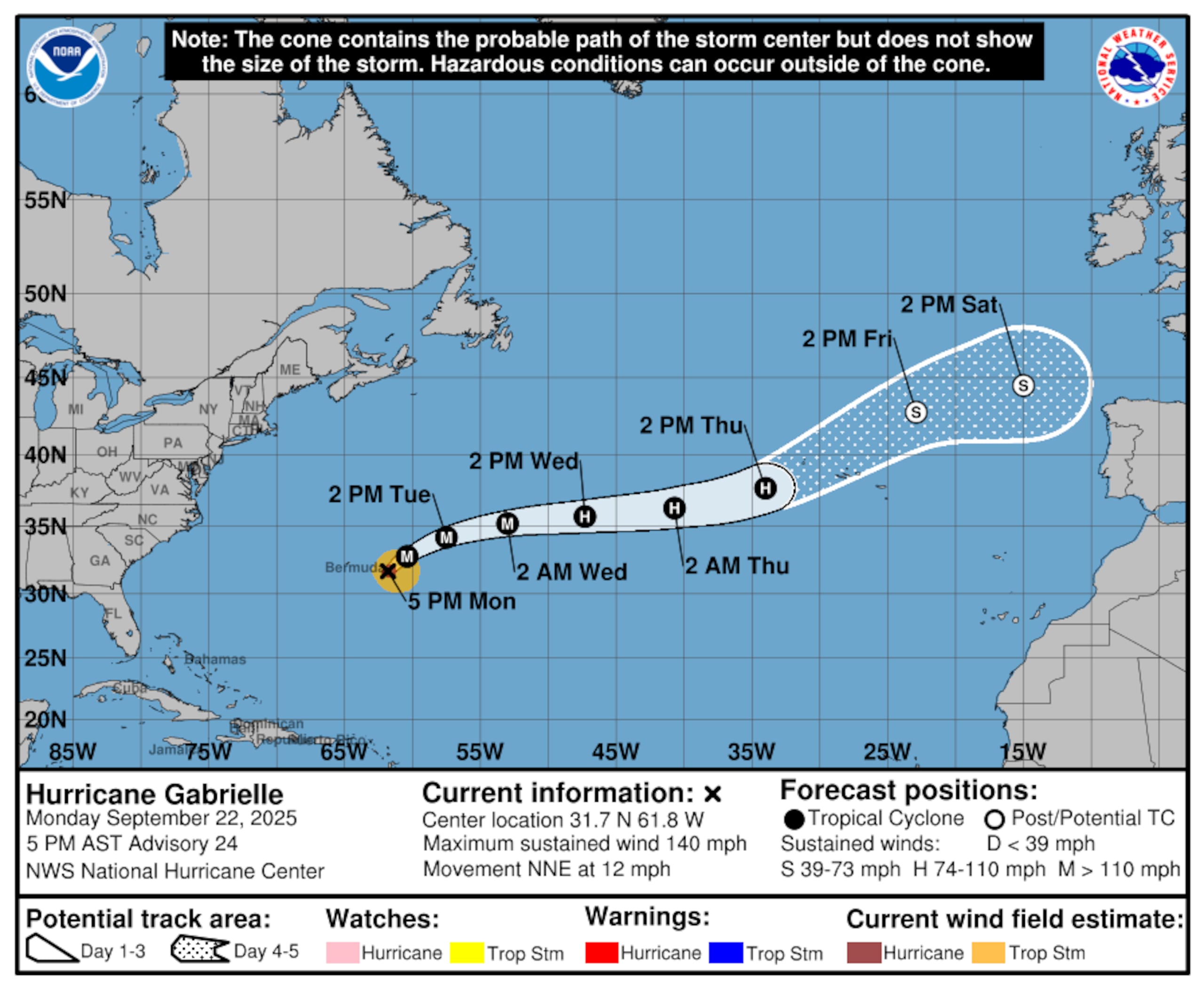 Trayectoria del huracán Gabrielle. (NOAA)