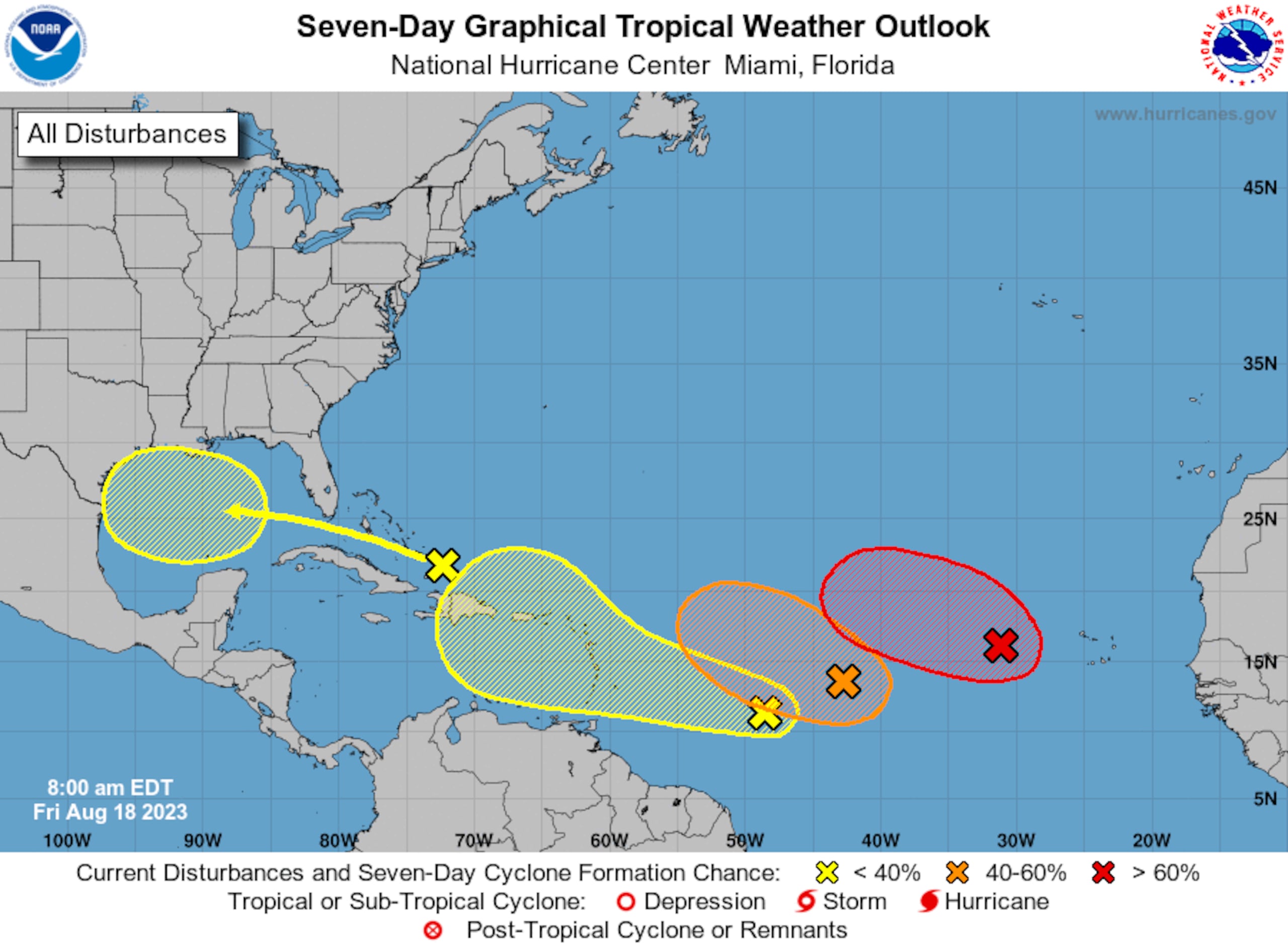 Pronósticos de ondas tropicales emitido a las 8:00 de la mañana del 18 de agosto de 2023.