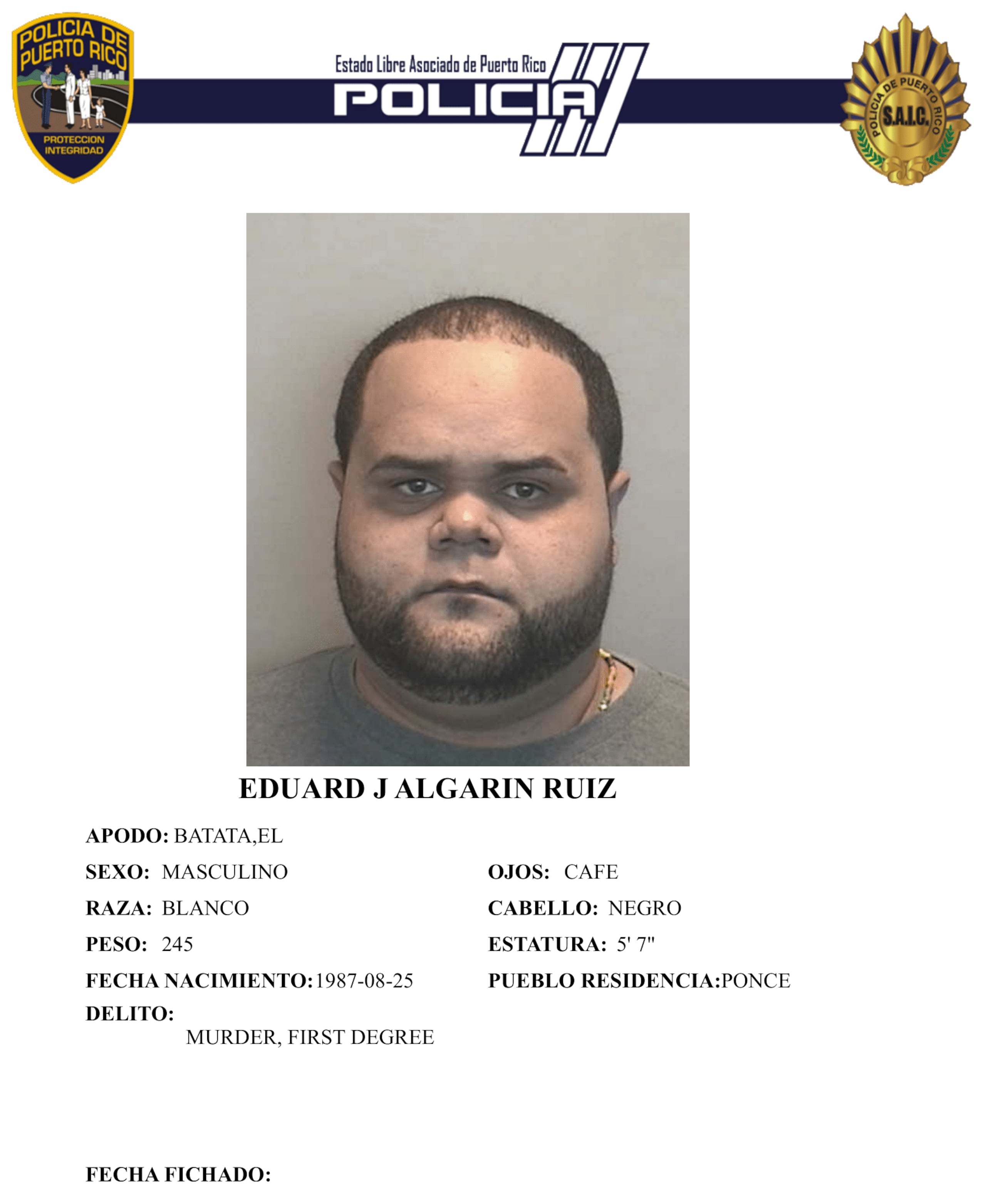 Ficha policíaca del occiso, Eduard Joel Algarín Ruiz, de 38 años y vecino de Ponce.