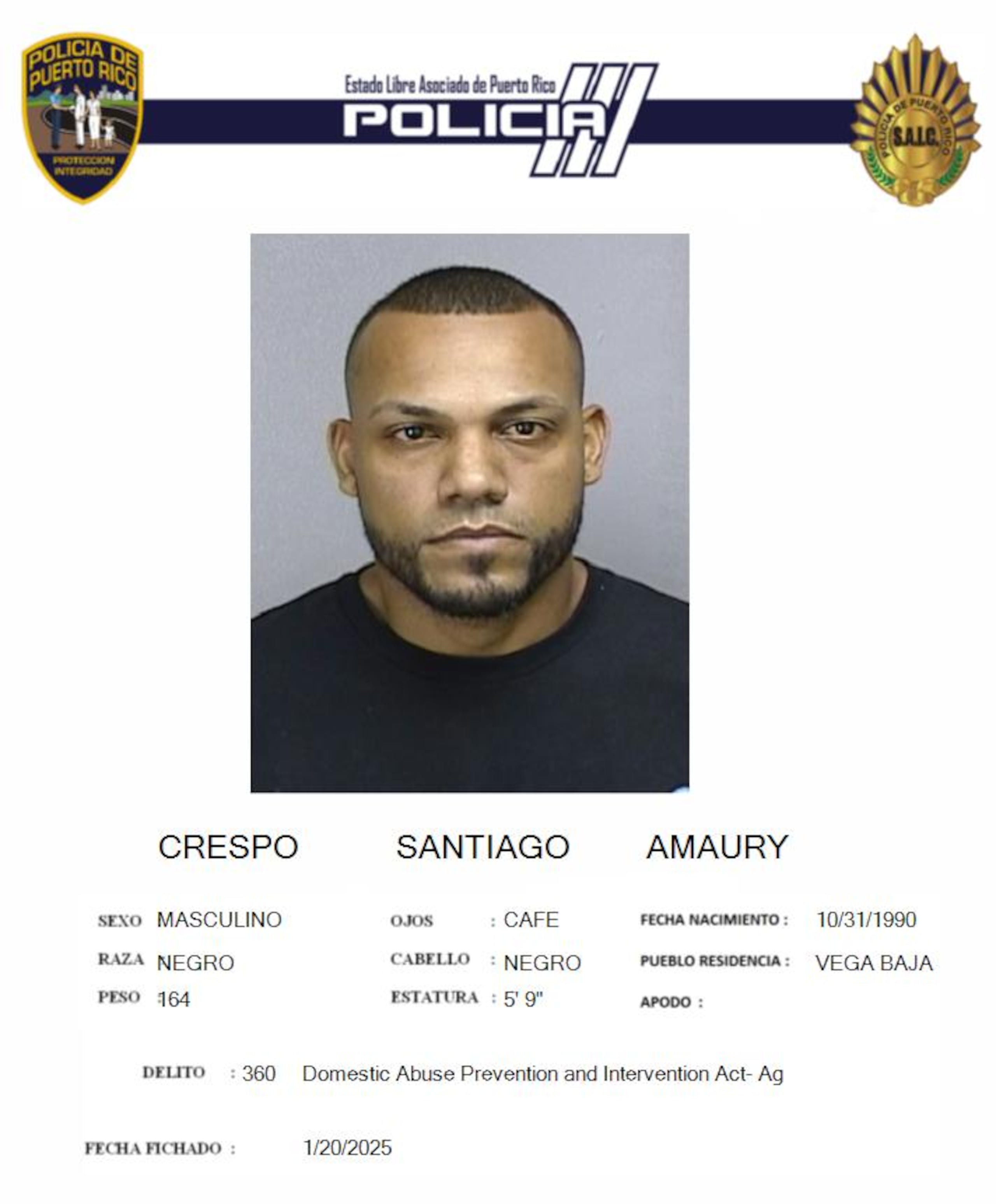 Amaury Crespo Santiago, fue encarcelado tras ser acusado por violencia doméstica e infracción a la Ley de Armas.
