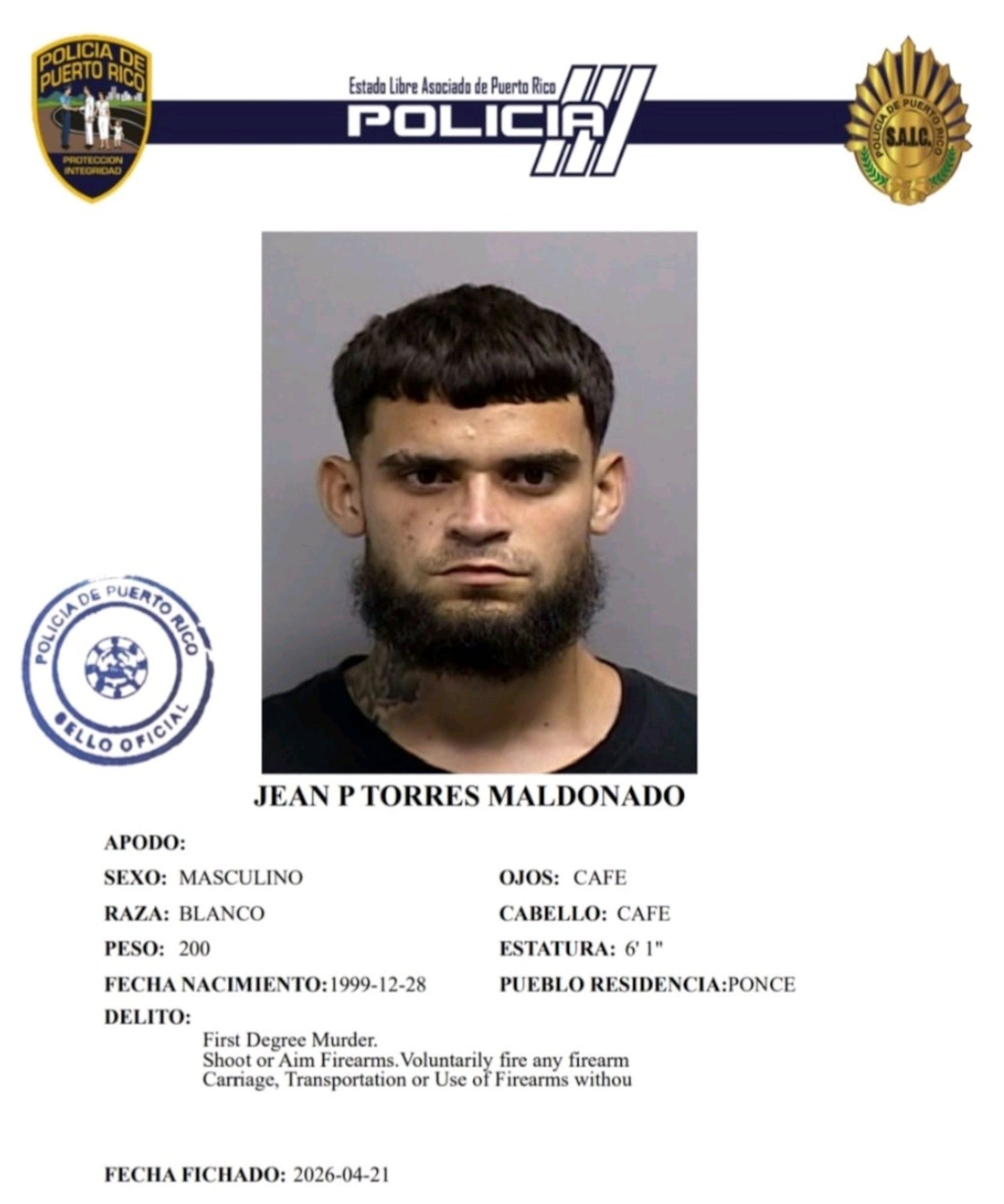 A Jean P. Torres Maldonado, se le radicaron cargos por asesinato en primer grado y violación a la Ley de Armas.