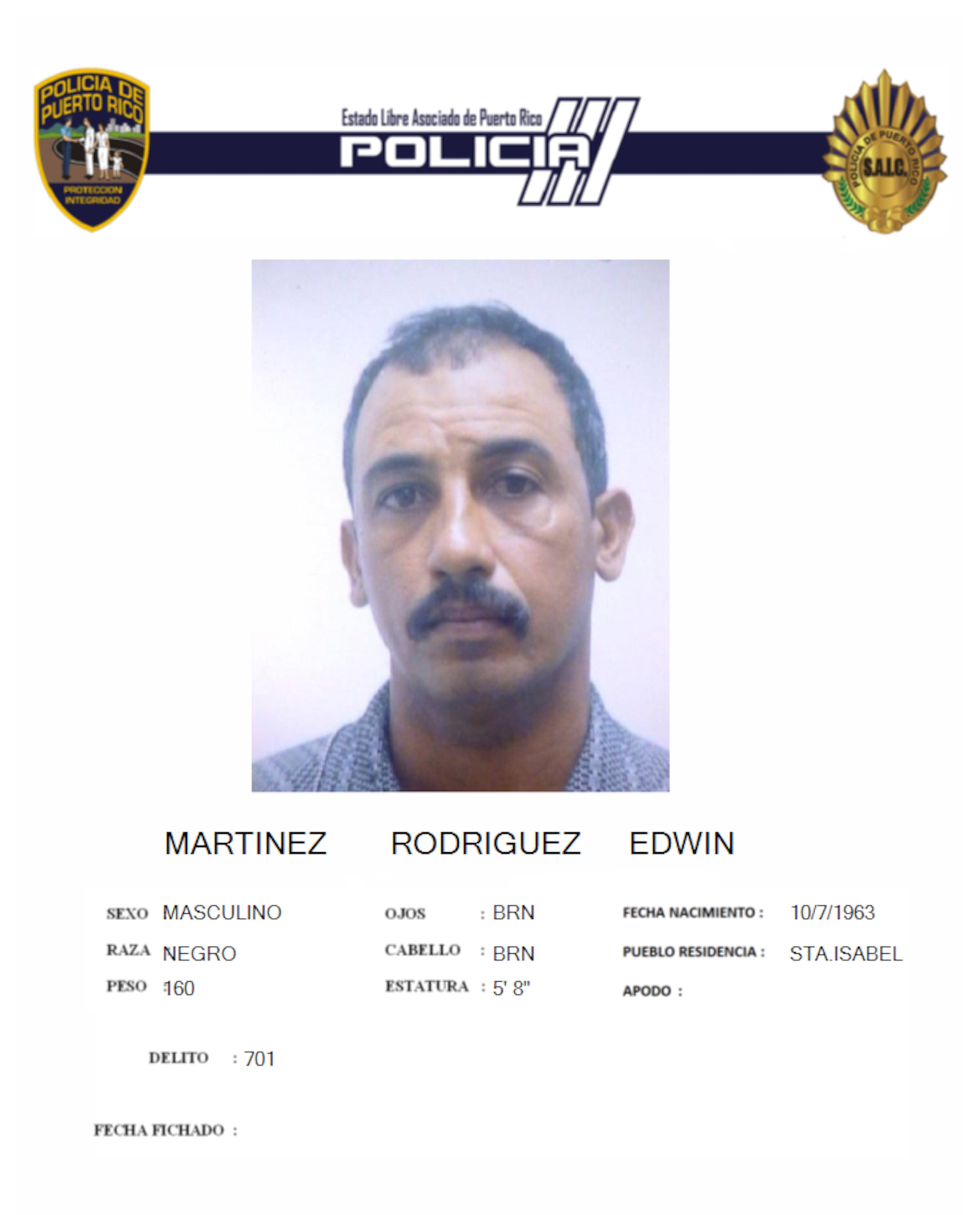 La ficha provista por la Policía de Edwin Martínez Rodríguez, quien ha sido señalado por la Policía como el presunto agresor.