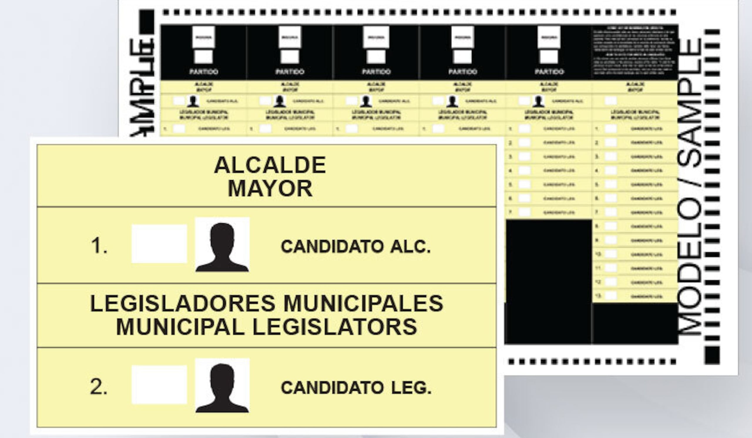 Papeleta Municipal
Es color amarillo
- Votarás por un candidato a alcalde y  los legisladores municipales a los que tiene derecho tu municipio.
- Puedes votar íntegro, mixto, por candidatura o nominación directa.
- Sigue las instrucciones en la papeleta, vota solo por la cantidad de candidatos permitidos.