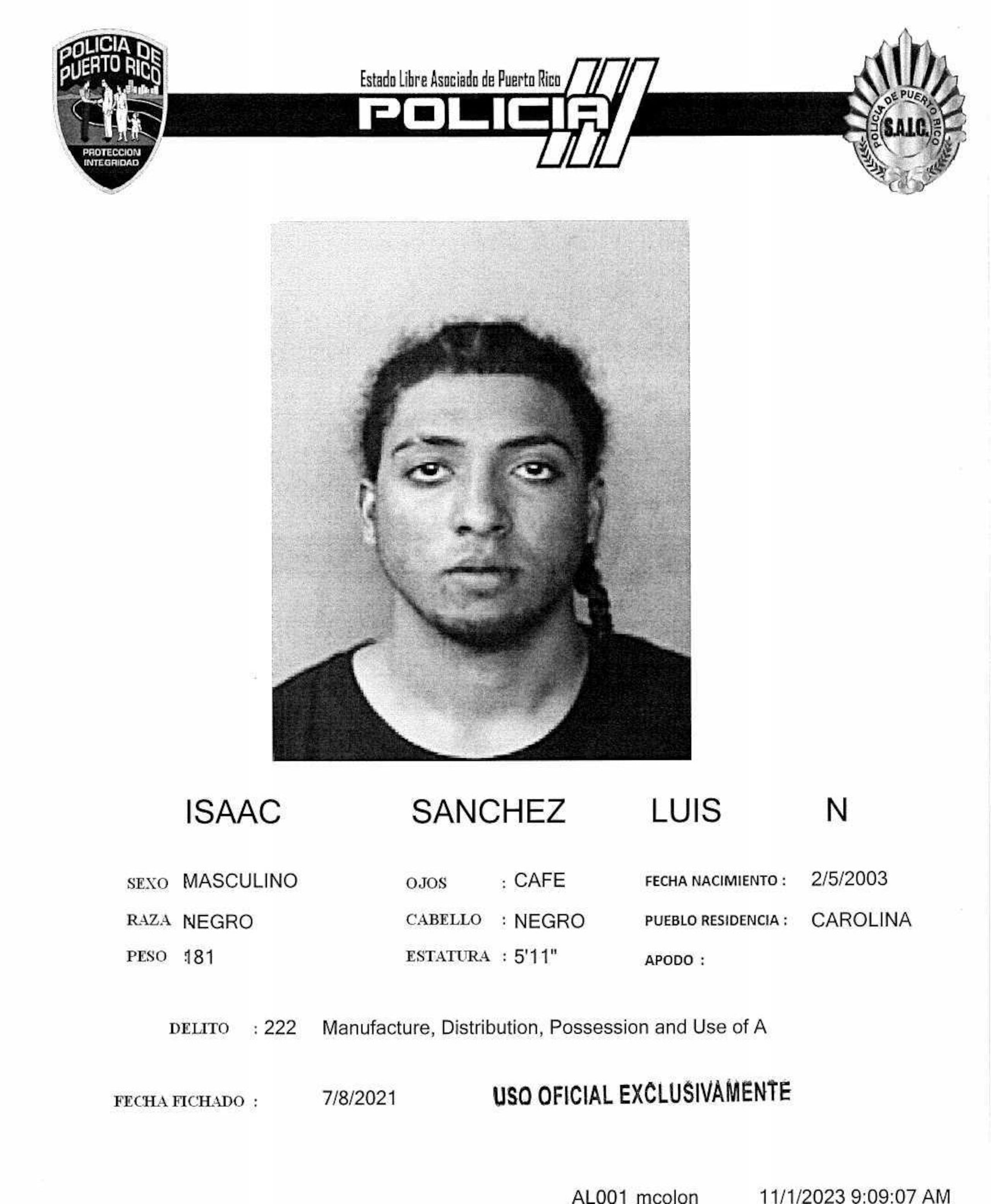 Ficha policial de Luis Nomar Isaac Sánchez.