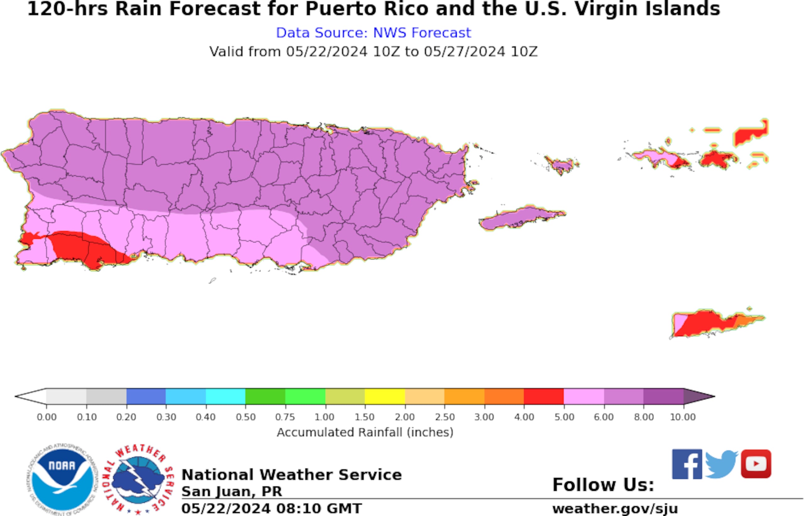 Pronóstico de lluvia para Puerto Rico del 22 al 27 de mayo de 2024.