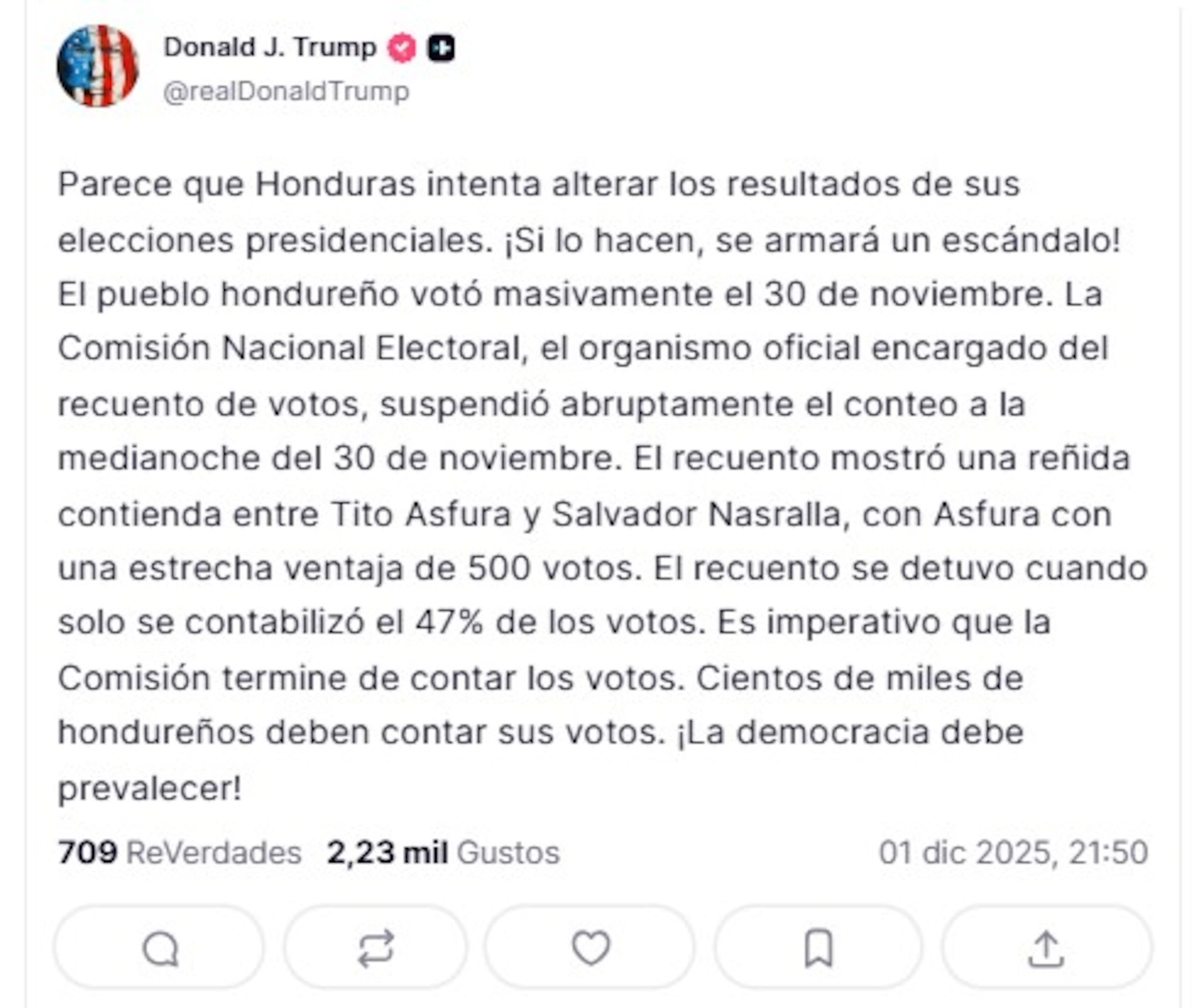 Imagen tomada de la cuenta en Truth Social @realDonaldTrump del presidente estadounidense, Donald Trump, de una publicación suya.