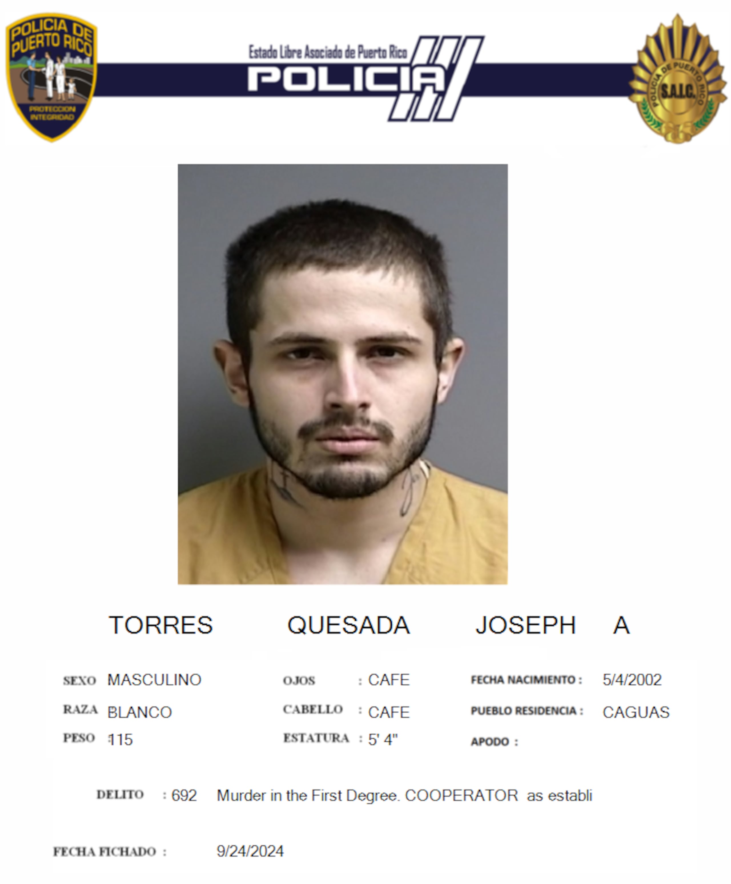 Joseph A. Torres Quesada, de la ganga de "Los Viraos", enfrenta cargos por asesinato en primer grado y violación a la Ley de Armas.