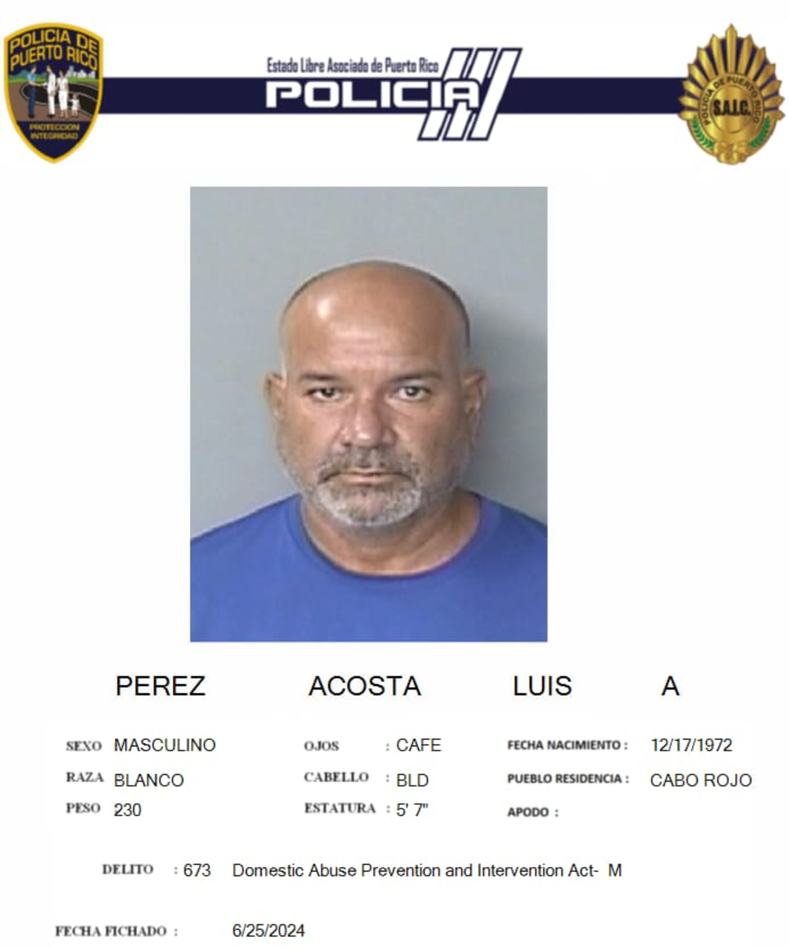 Luis A. Pérez Acosta fue acusado por secuestro, escalamiento agravado y violencia doméstica.