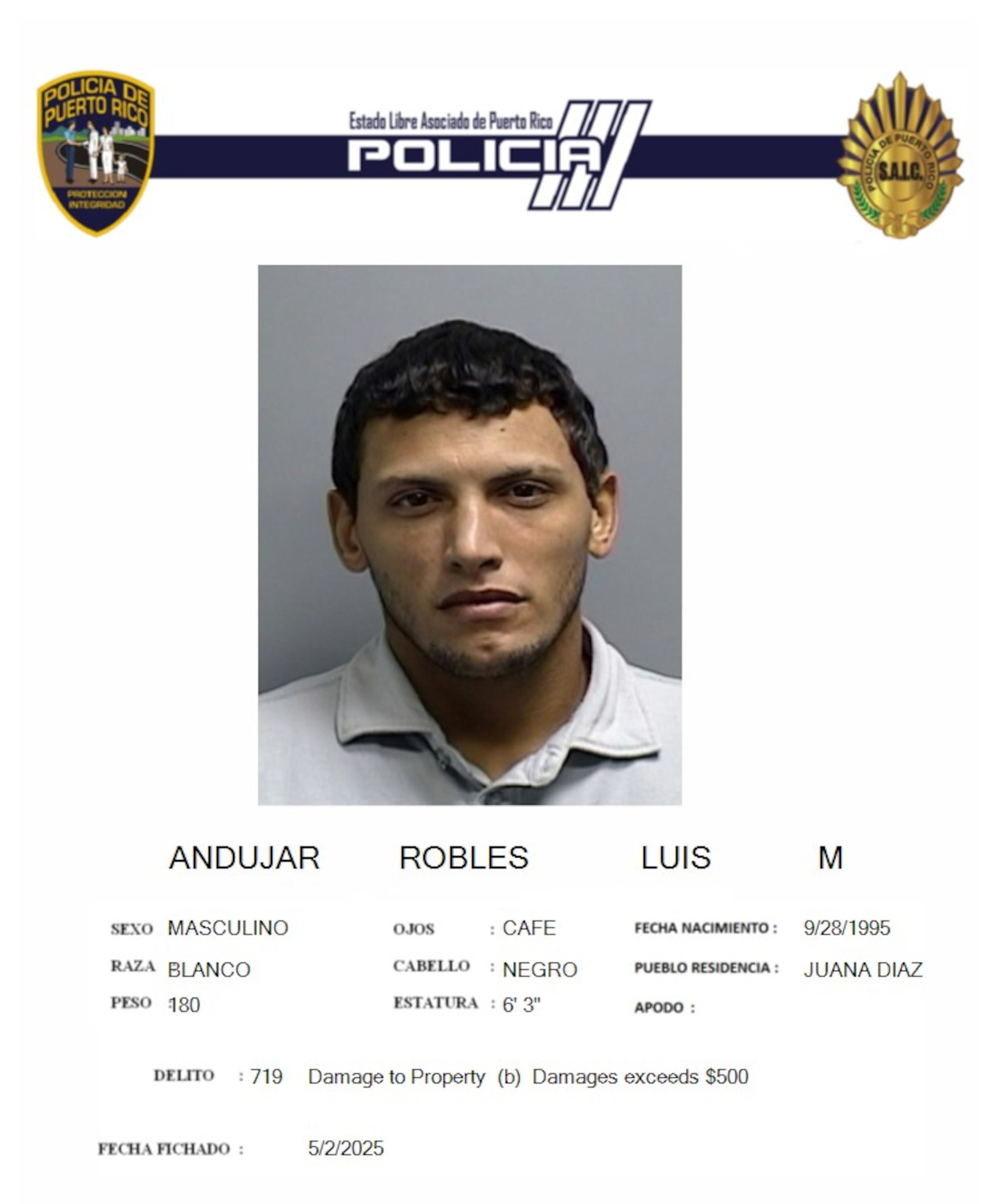 Luis Miguel Andújar Robles, está acusado por uso de disfraz en la comisión de un delito, daño agravado y robo agravado, por un asalto prepetrado en una gasolinera de Juana Díaz.