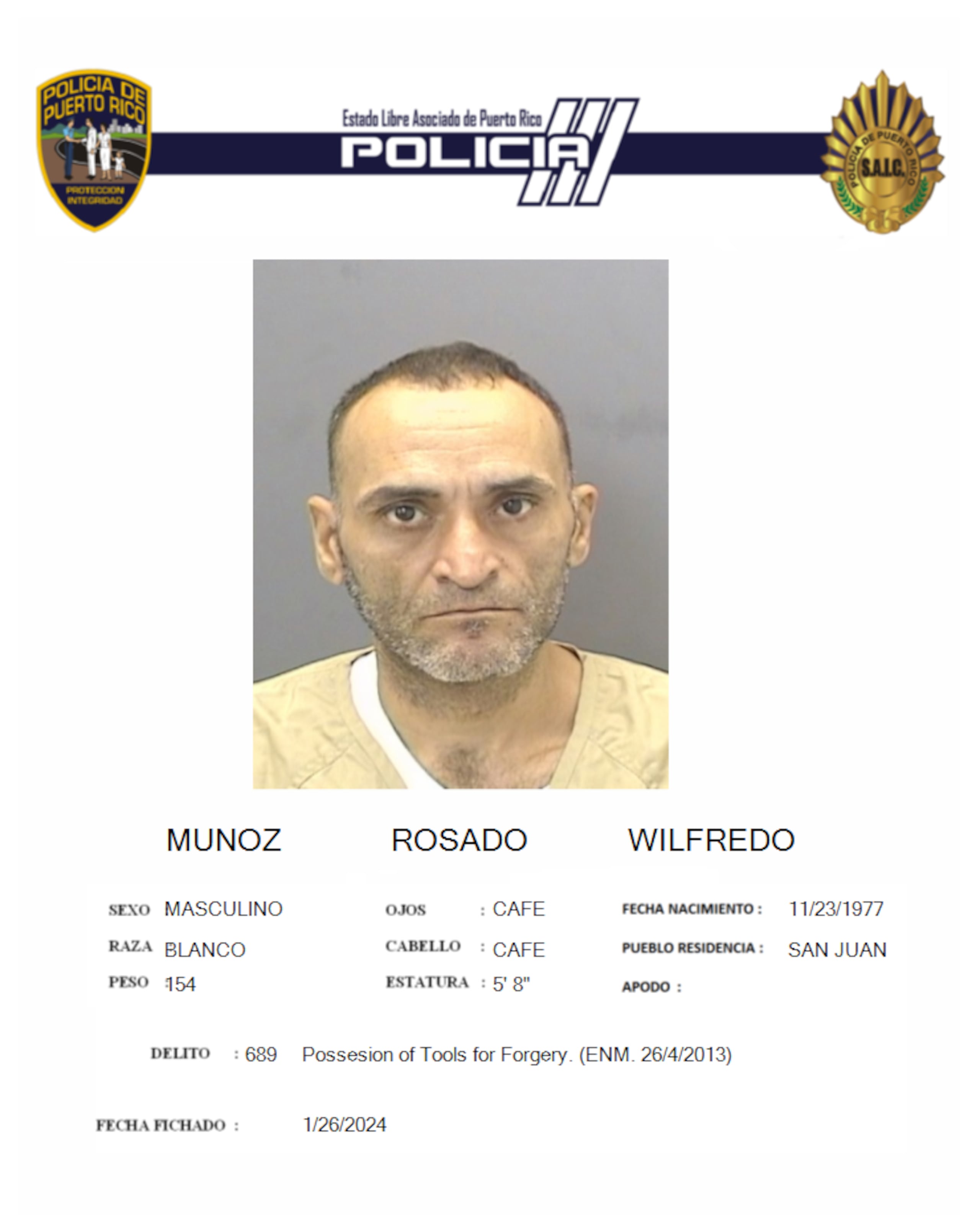 Wilfredo Muñoz Rosado fue acusado en ausencia por fraude, apropiación ilegal y traspaso de documentos falsos. Si lo ha visto llame al (787) 343-2020.