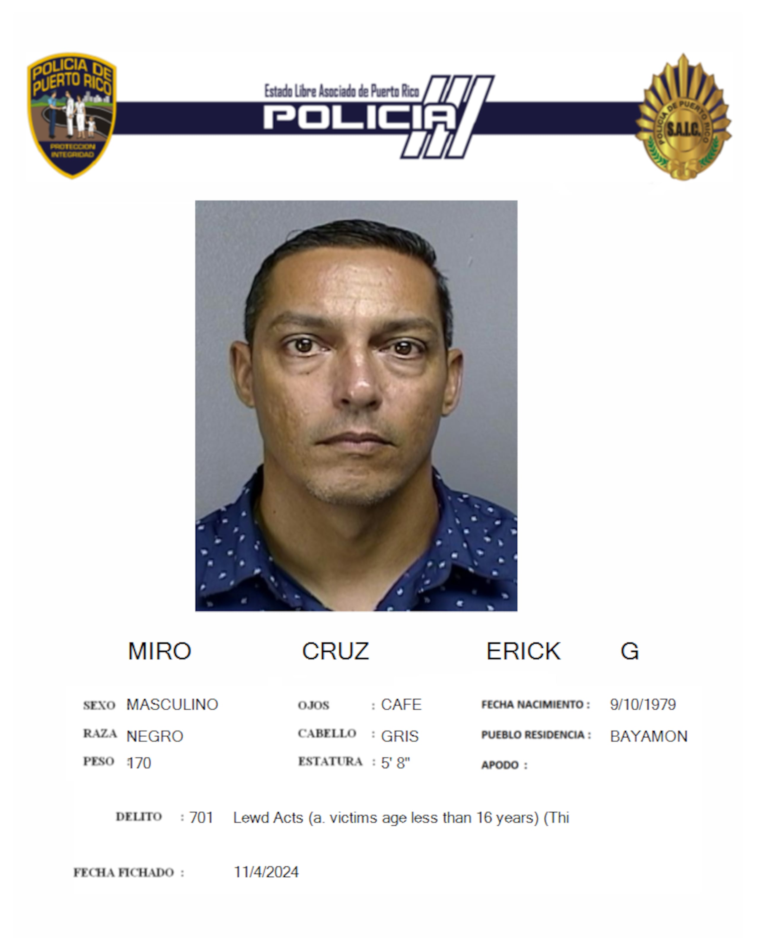 Erick G. Miró Cruz enfrenta cargos por agresión sexual contra una menor.