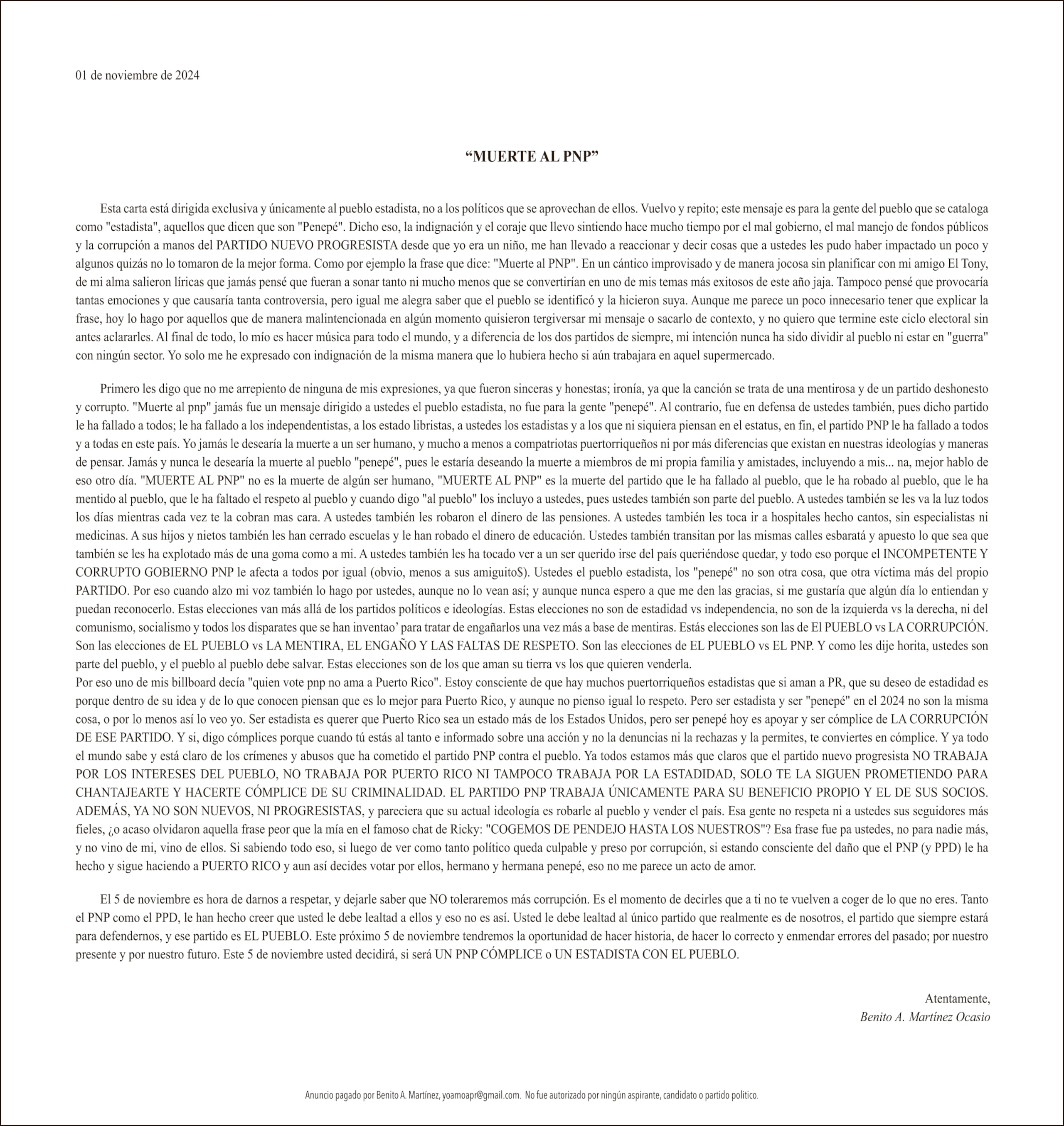 Carta abierta de Bad Bunny.