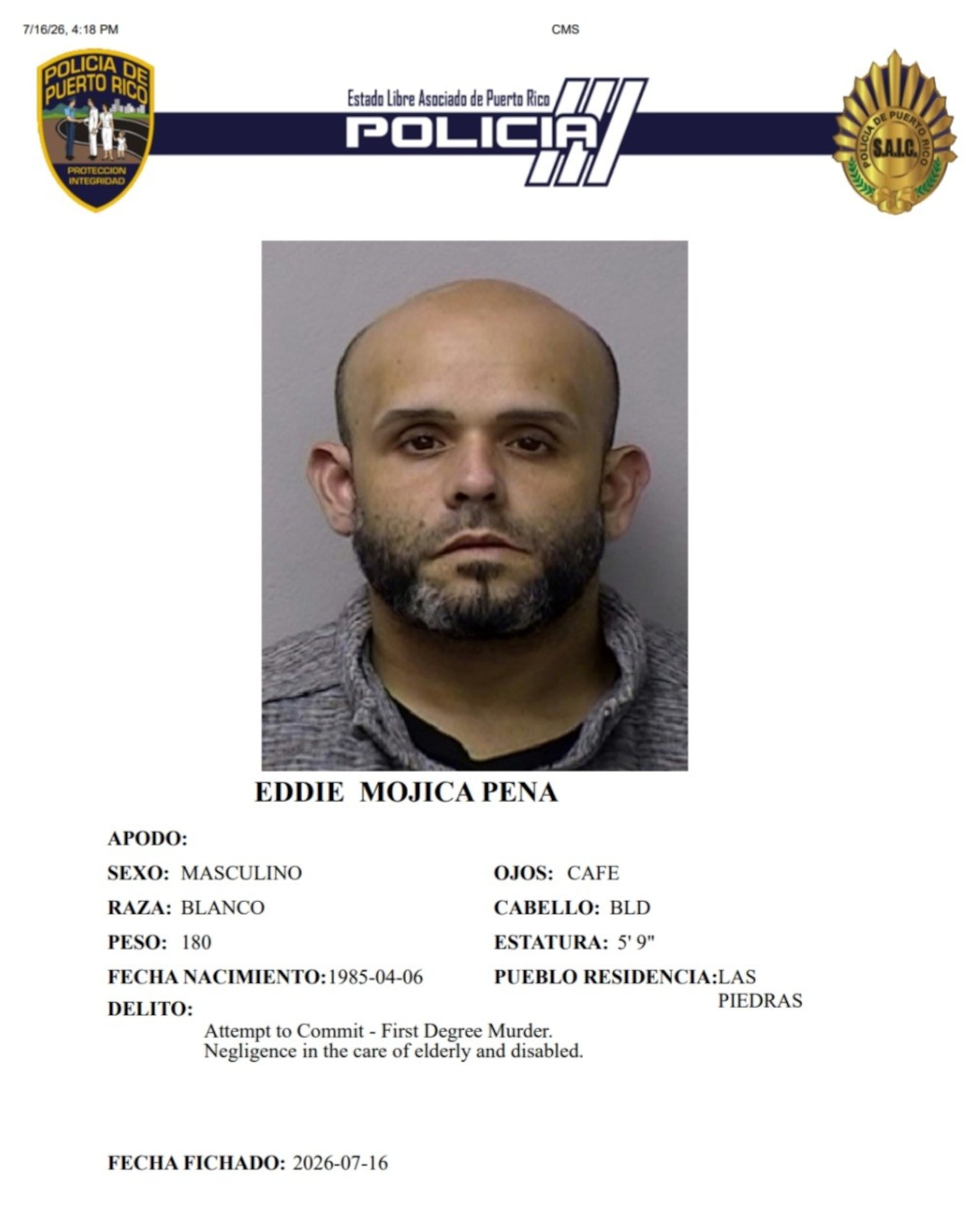 Eddie Mojica Peña, enfrenta cargos por tentativa de asesinato y maltrato a una persona de edad avanzada.