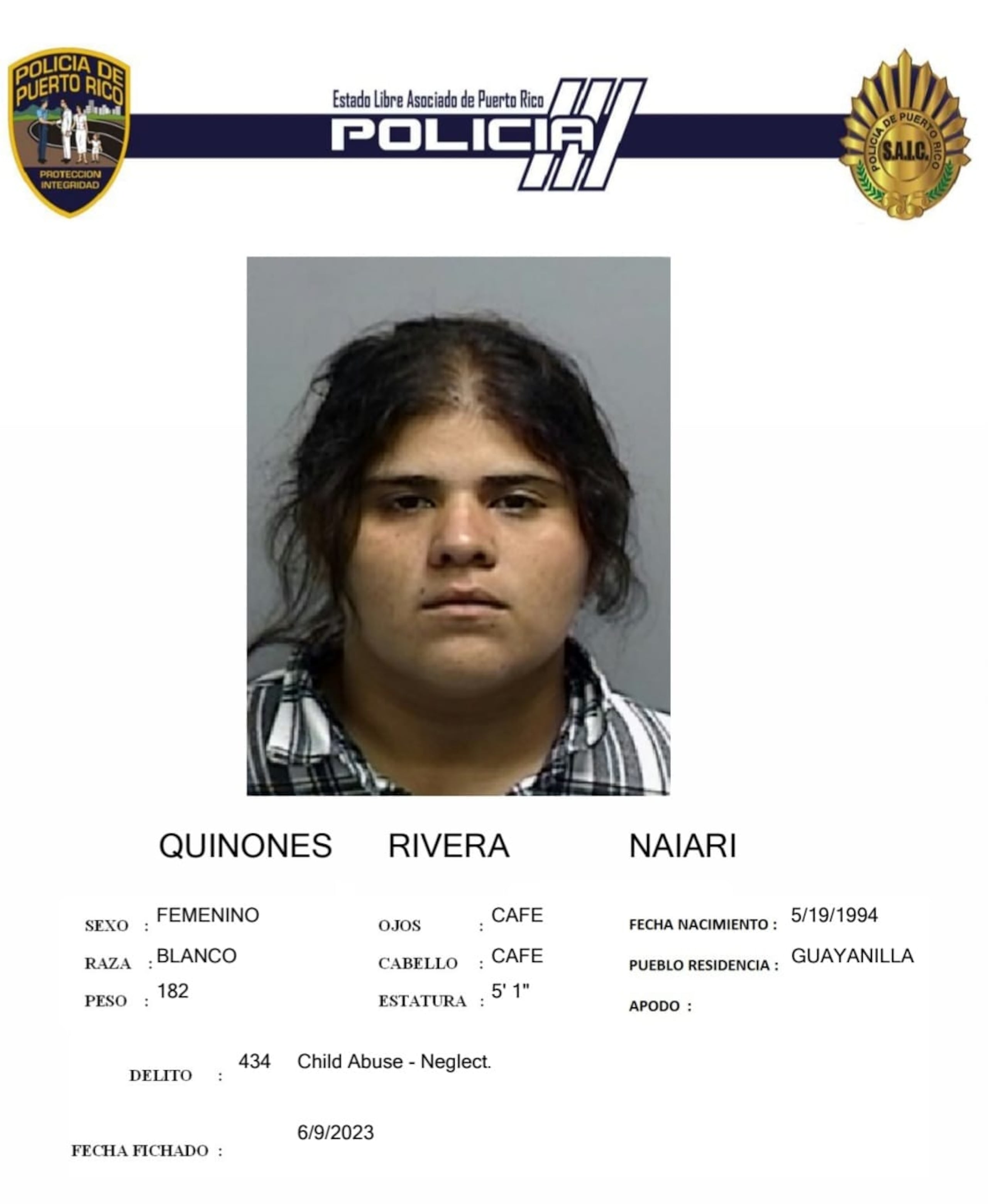 Naiari Quiñones Rivera enfrenta cargos por maltrato por negligencia de menores. Su hija de dos años fue asesinada por el padre de la menor.