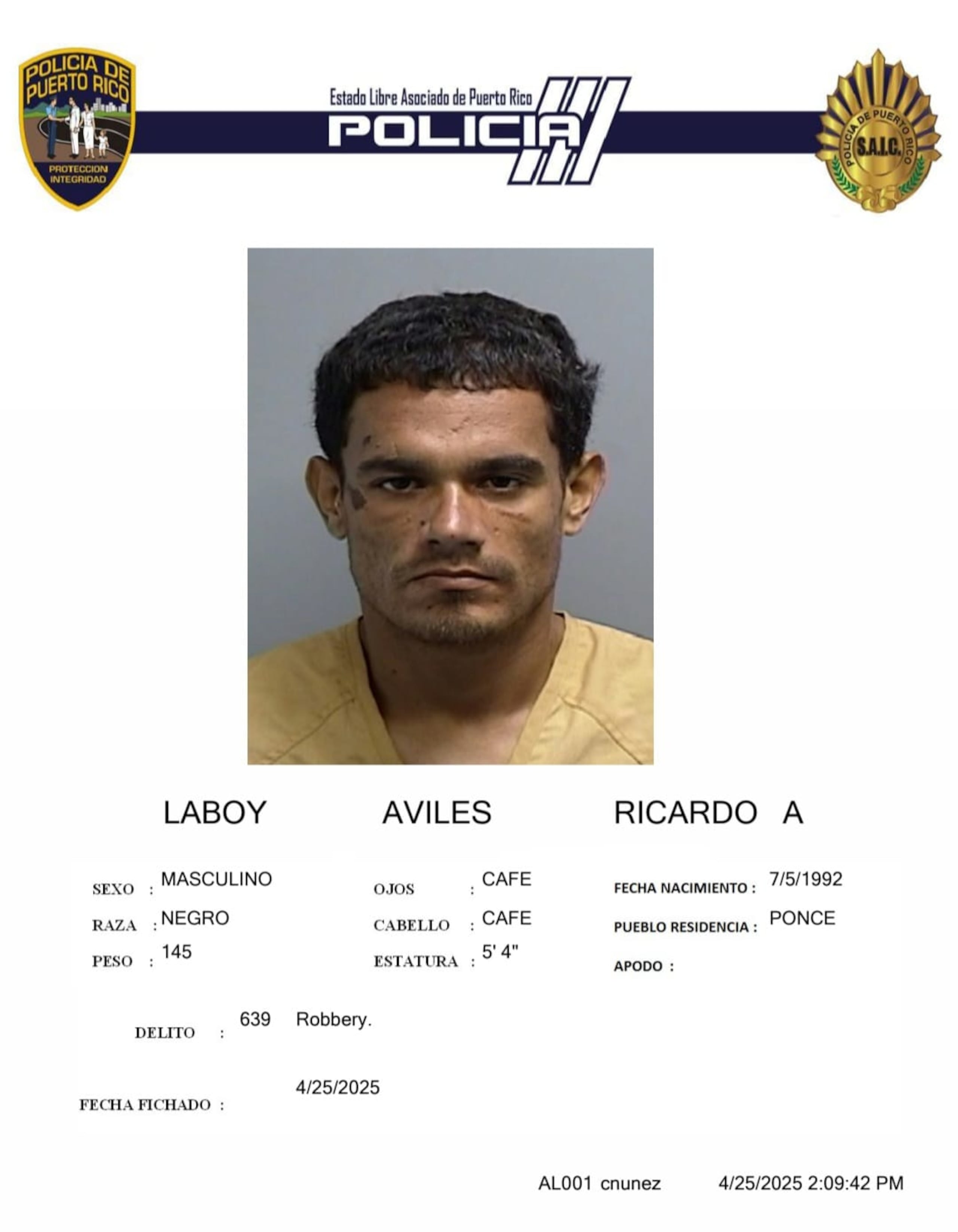 Laboy Avilés fue ingresado en la cárcel las Cucharas en Ponce.