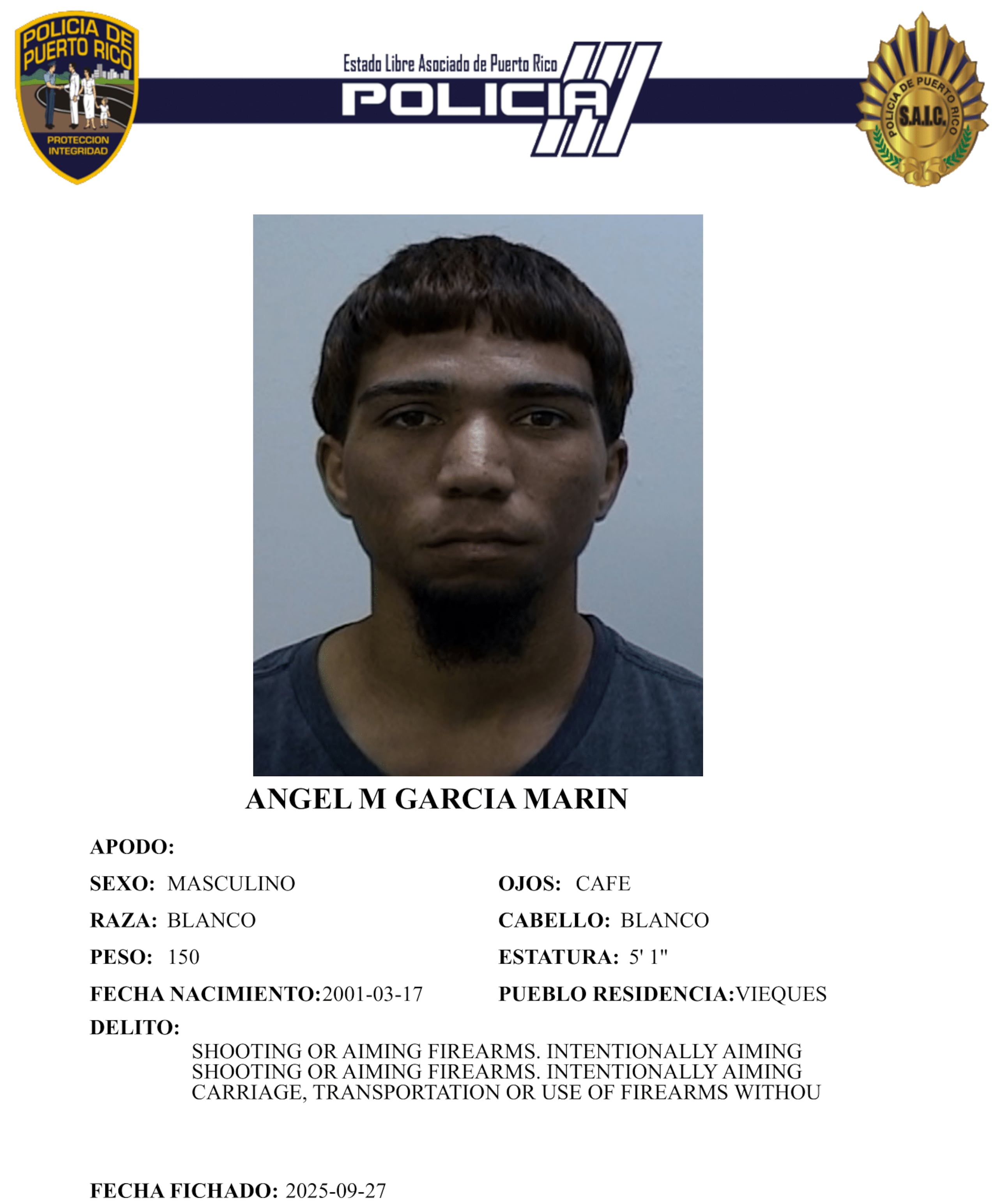 Ficha policíaca del imputado, Ángel Manuel García Marín, de 24 años.