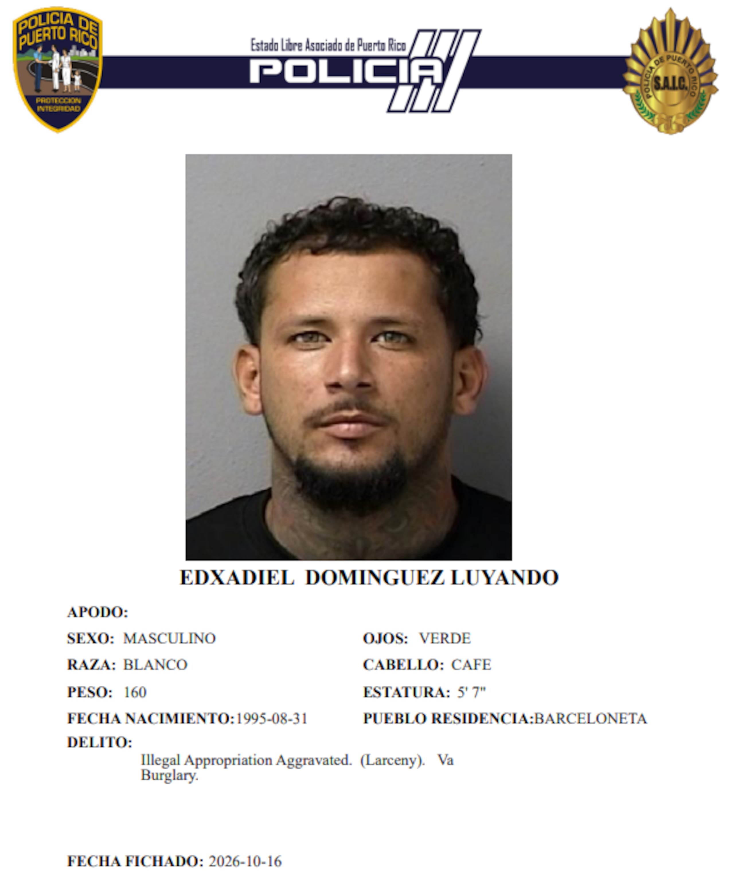 Ficha policíaca de Edxadier Domínguez Luyando, de 31 años.