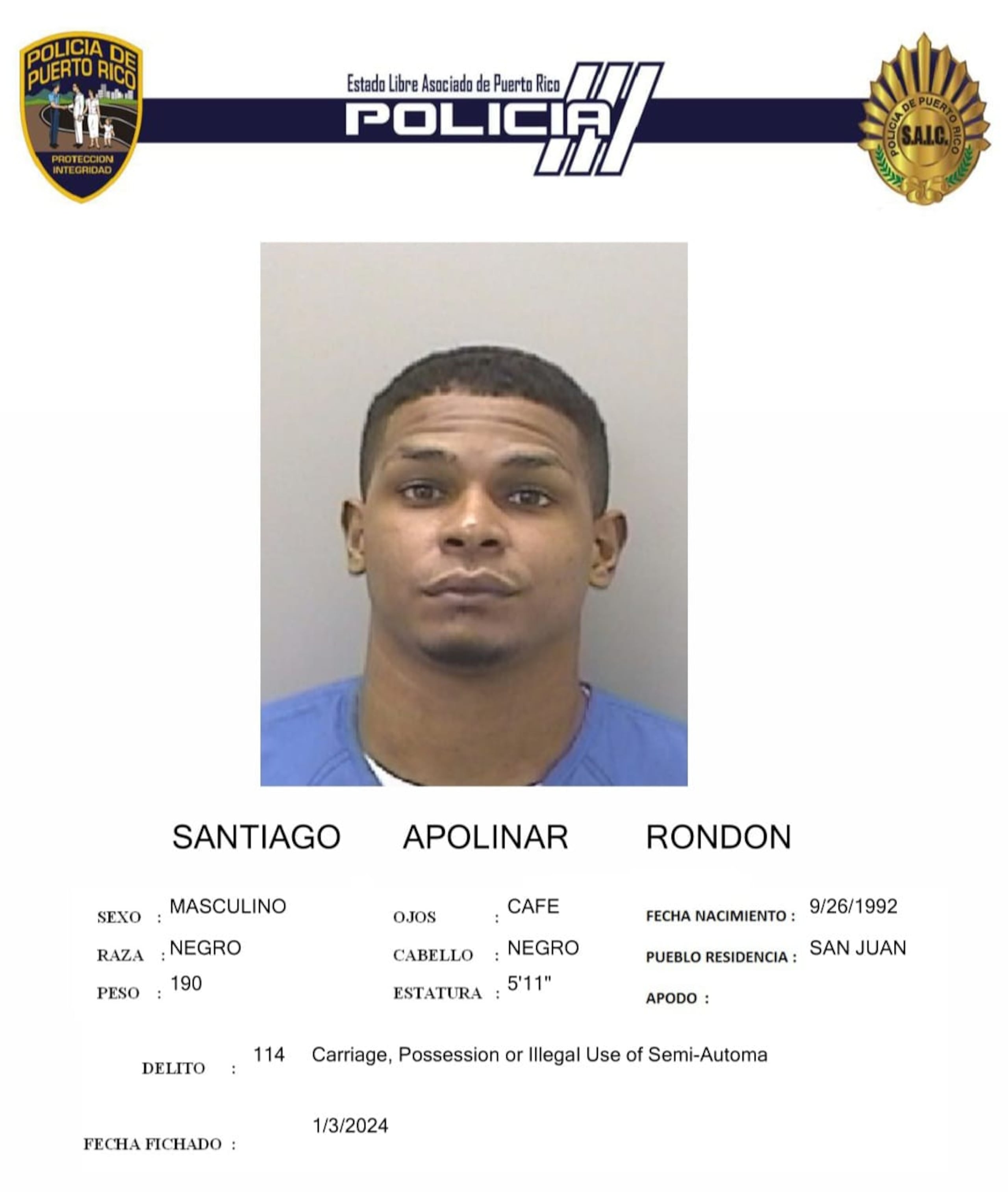 Ficha de Santiago Apolinar Rondón, de 30 años, acusado por dos nuevos cargos de violación a la Ley de Armas.