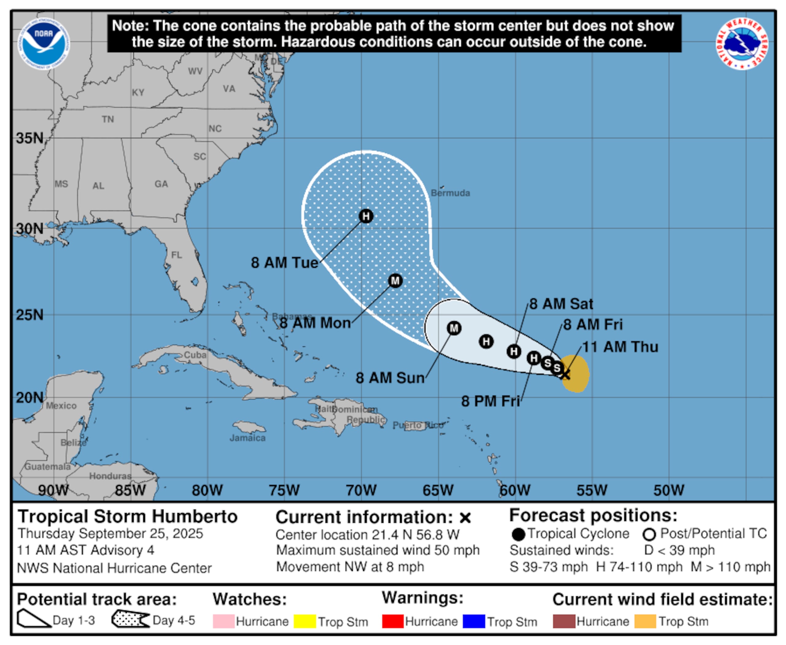 Trayectoria pronosticada de Humberto. (NOAA)