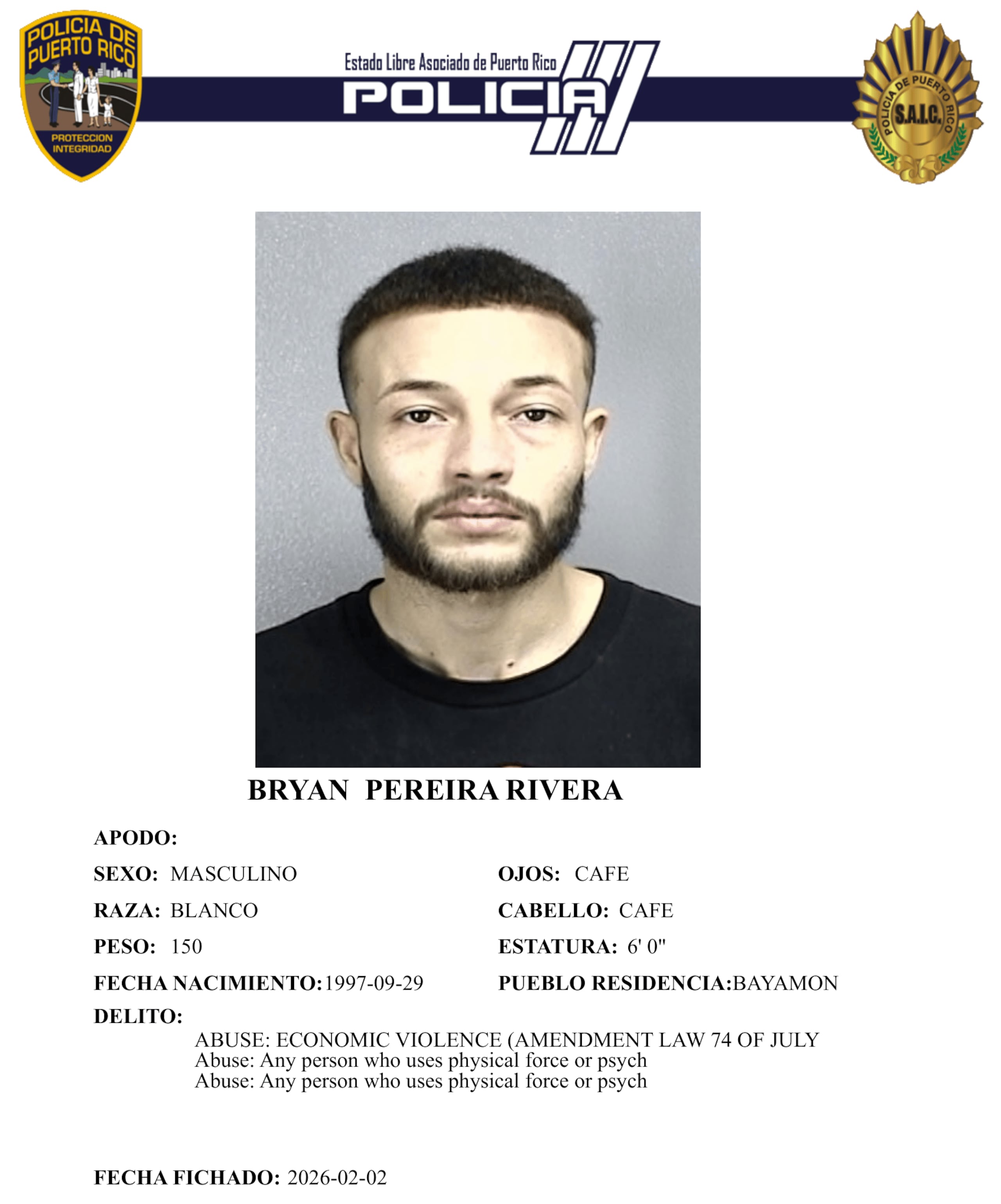 Ficha policíaca de Bryan Pereira Rivera, de 28 años y residente en Bayamón.
