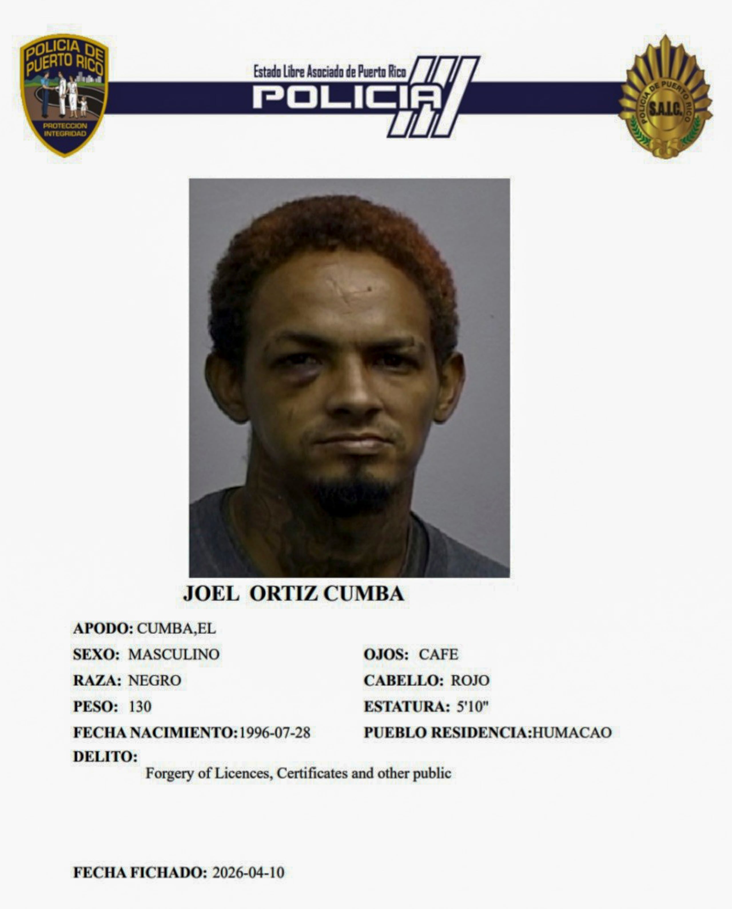 Joel Ortiz Cumba, enfrenta un cargo por la posesión de un vehículo hurtado.