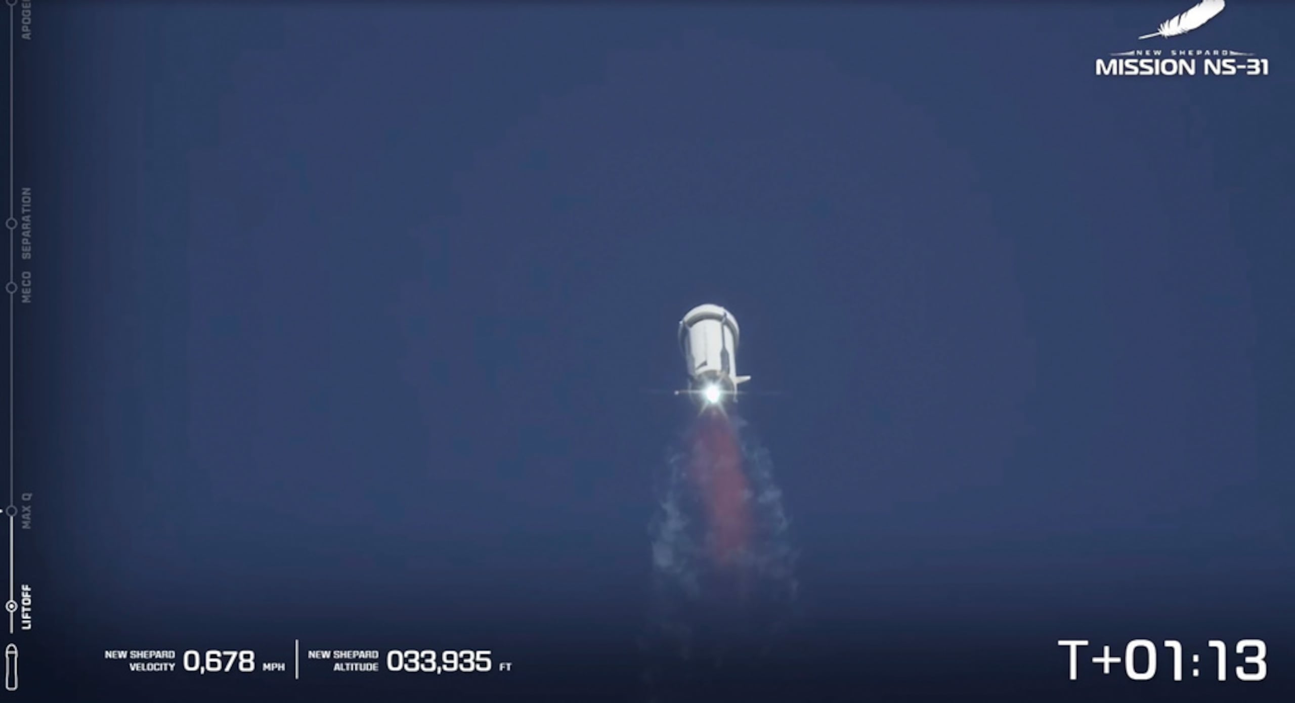 Esta imagen tomada de un video proporcionado por Blue Origin muestra el cohete New Shepard despegando en el oeste de Texas, el 14 de abril de 2025.