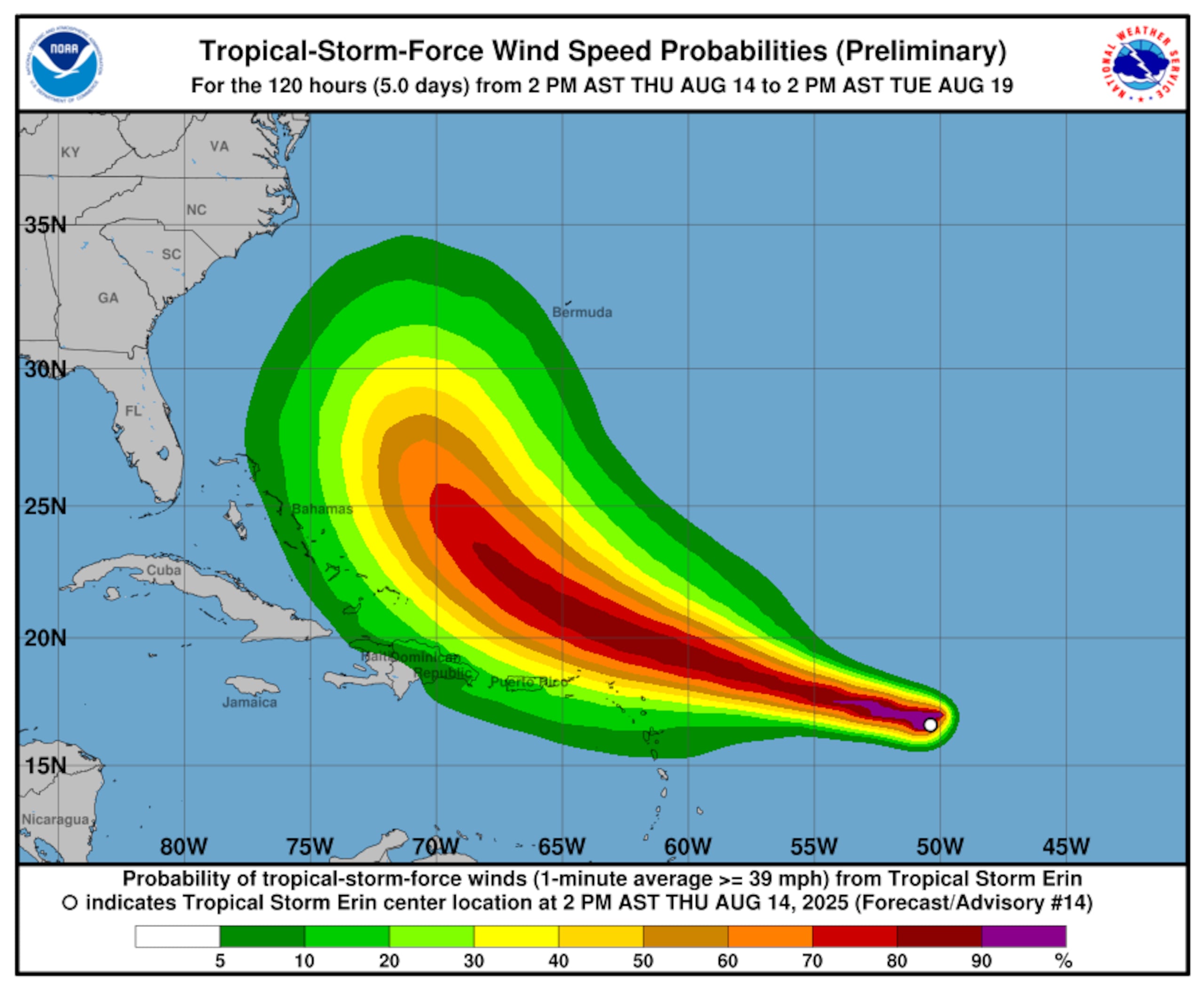 Posibilidad de vientos de tormenta tropical por el paso de Erin al nordeste del Caribe. (NOAA)