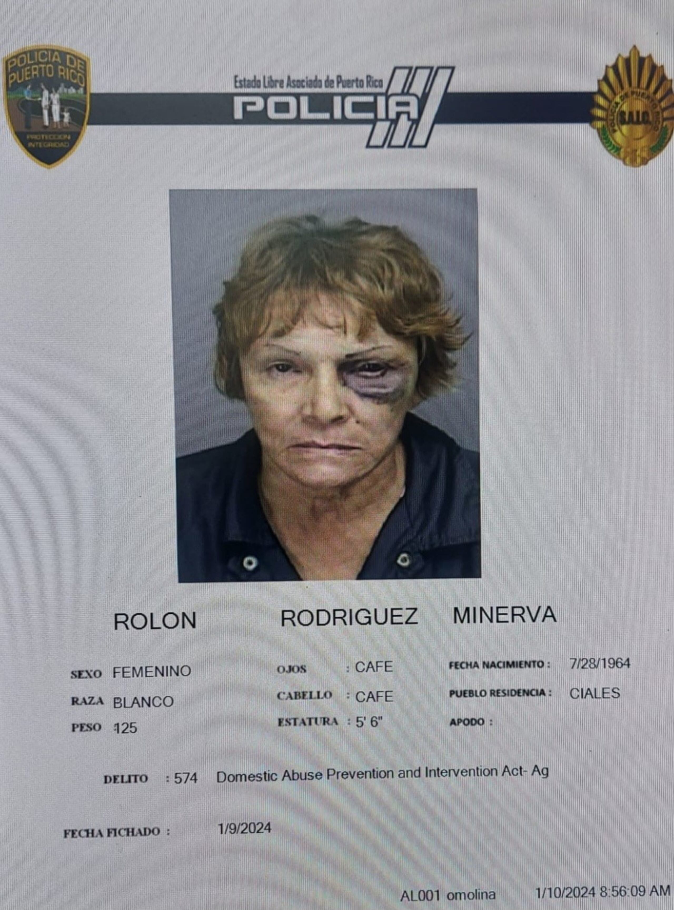 Minerva Rolón Rodríguez enfrenta cargos por violación a la Ley de Armas y violencia doméstica.