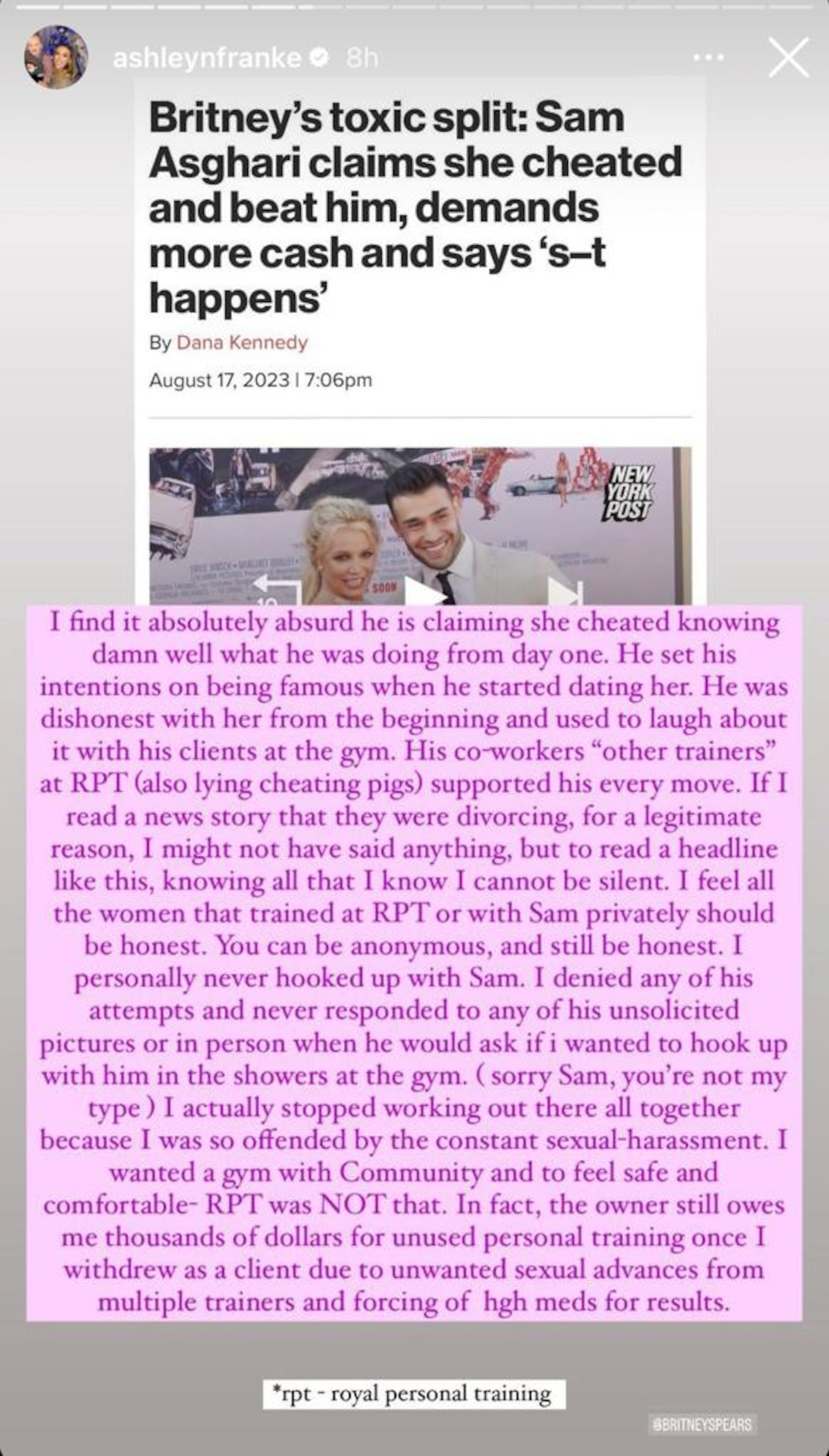 Ashley Franke, quien se describió como exclienta y amiga de Sam Asghari, señaló al entrenador por hostigamiento sexual mientras fue su clienta.