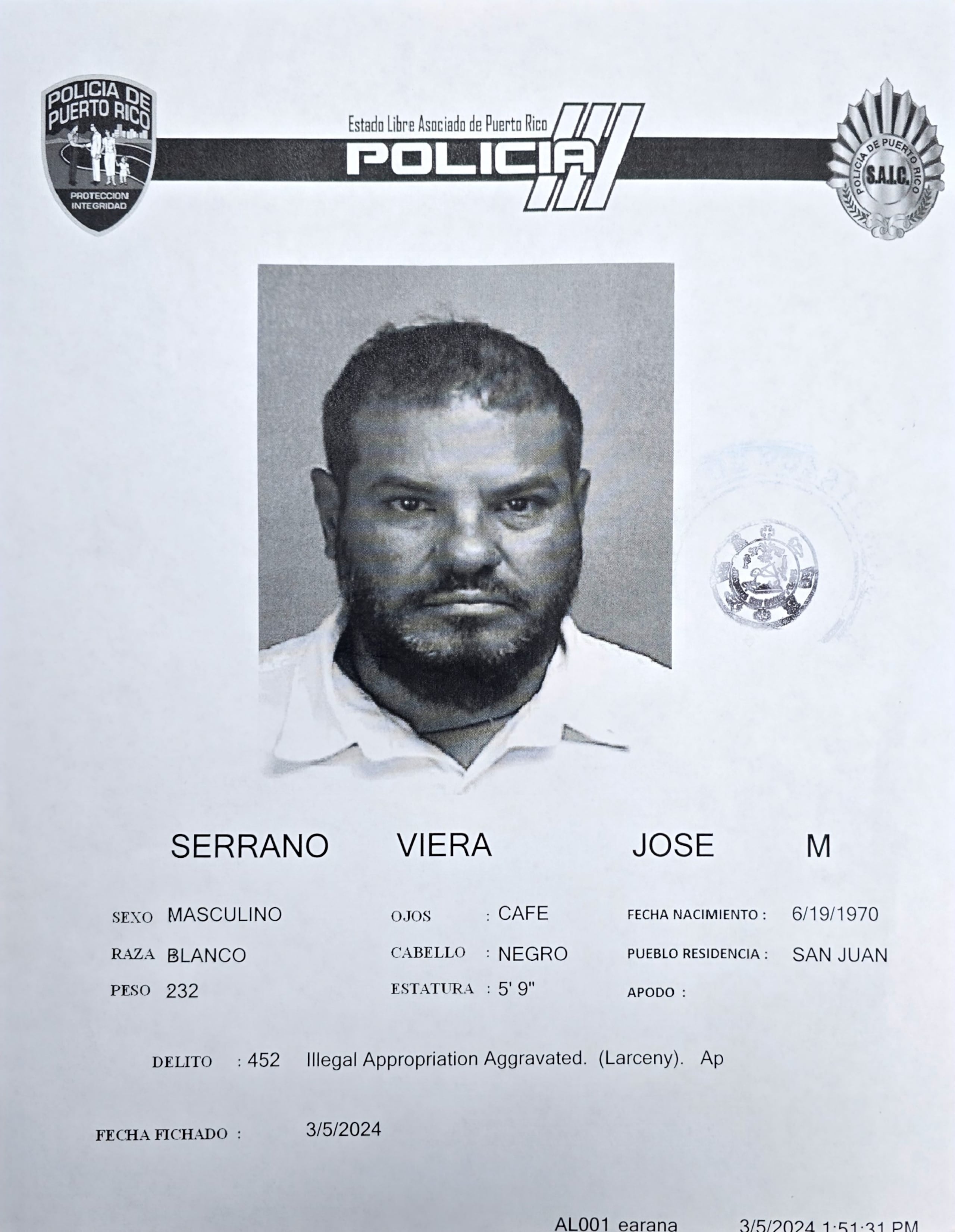José M. Serrano Viera quedó en libertad bajo fianza.
