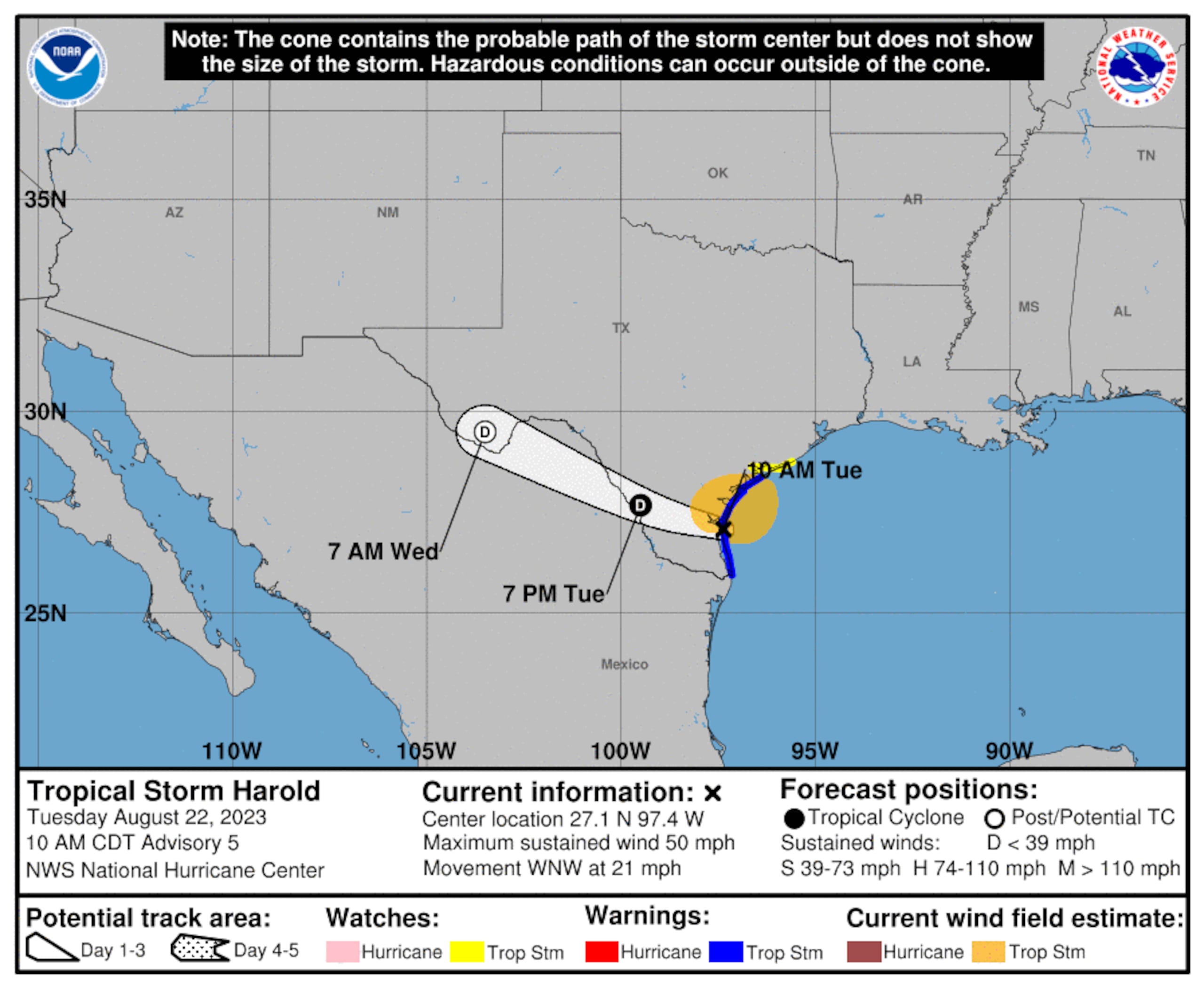 Pronóstico de la tormenta tropical Harold la mañana del 22 de agosto de 2023.