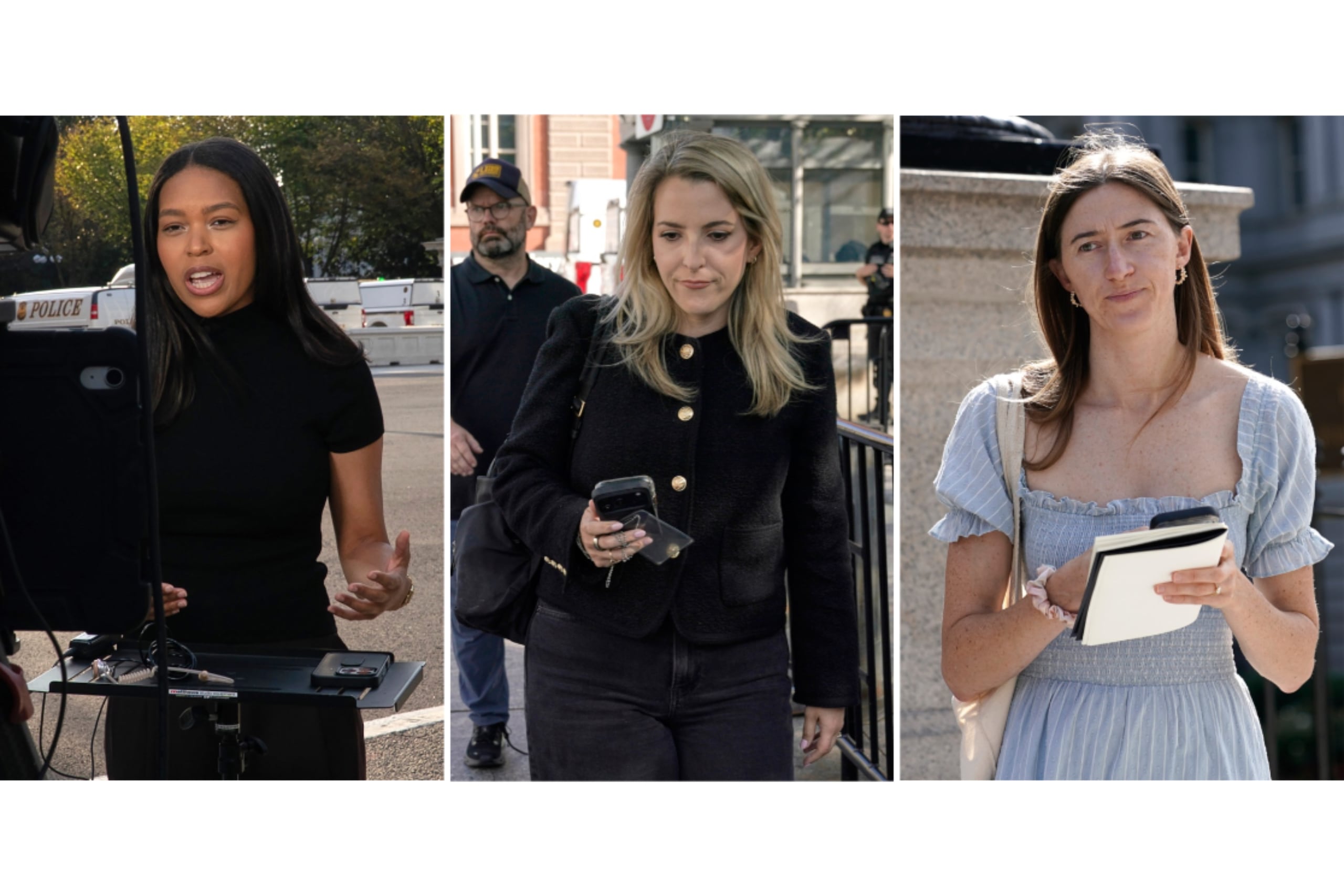 Esta combinación de imágenes, de izquierda a derecha, muestra a la reportera de la Casa Blanca de MS NOW Akayla Gardne; la reportera de la Casa Blanca de CNN Betsy Klein y la reportera de la Casa Blanca de Politico Cheyenne Haslett cerca del complejo de la Casa Blanca, después de que se les negara la entrada al recinto y se confiscaran sus acreditaciones tras ser vetadas por el presidente, Donald Trump, el sábado 19 de septiembre de 2026, en Washington. (AP Fotos/Jose Luis Magana)