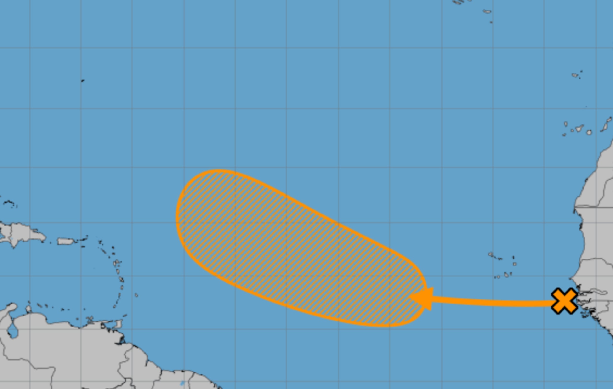 Gráfica del Centro Nacional de Huracanes que muestra la posible trayectoria que tomaría esta onda tropical.