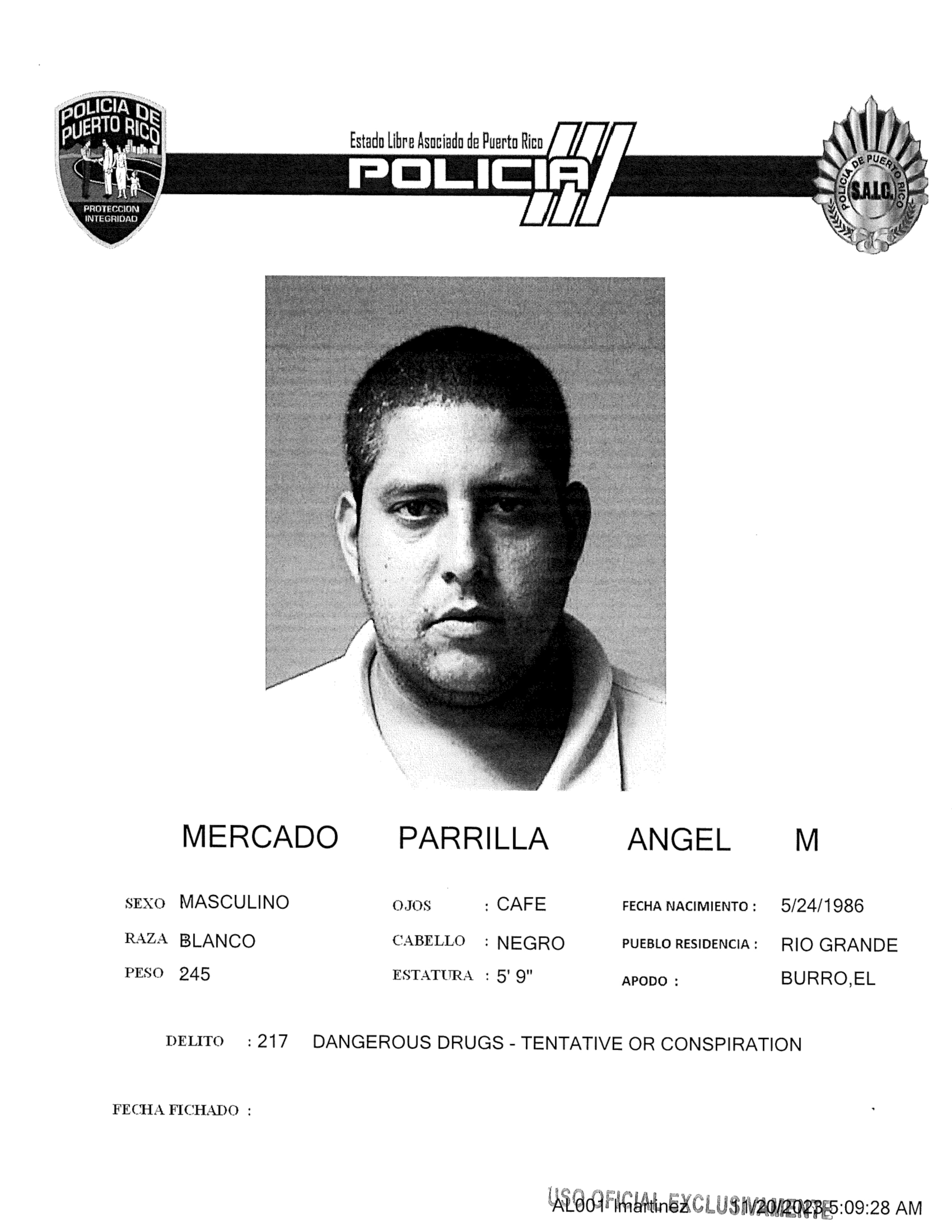 Ángel Mercado Parrilla tiene récord criminal por sustancias controladas y violencia doméstica, según la Policía.
