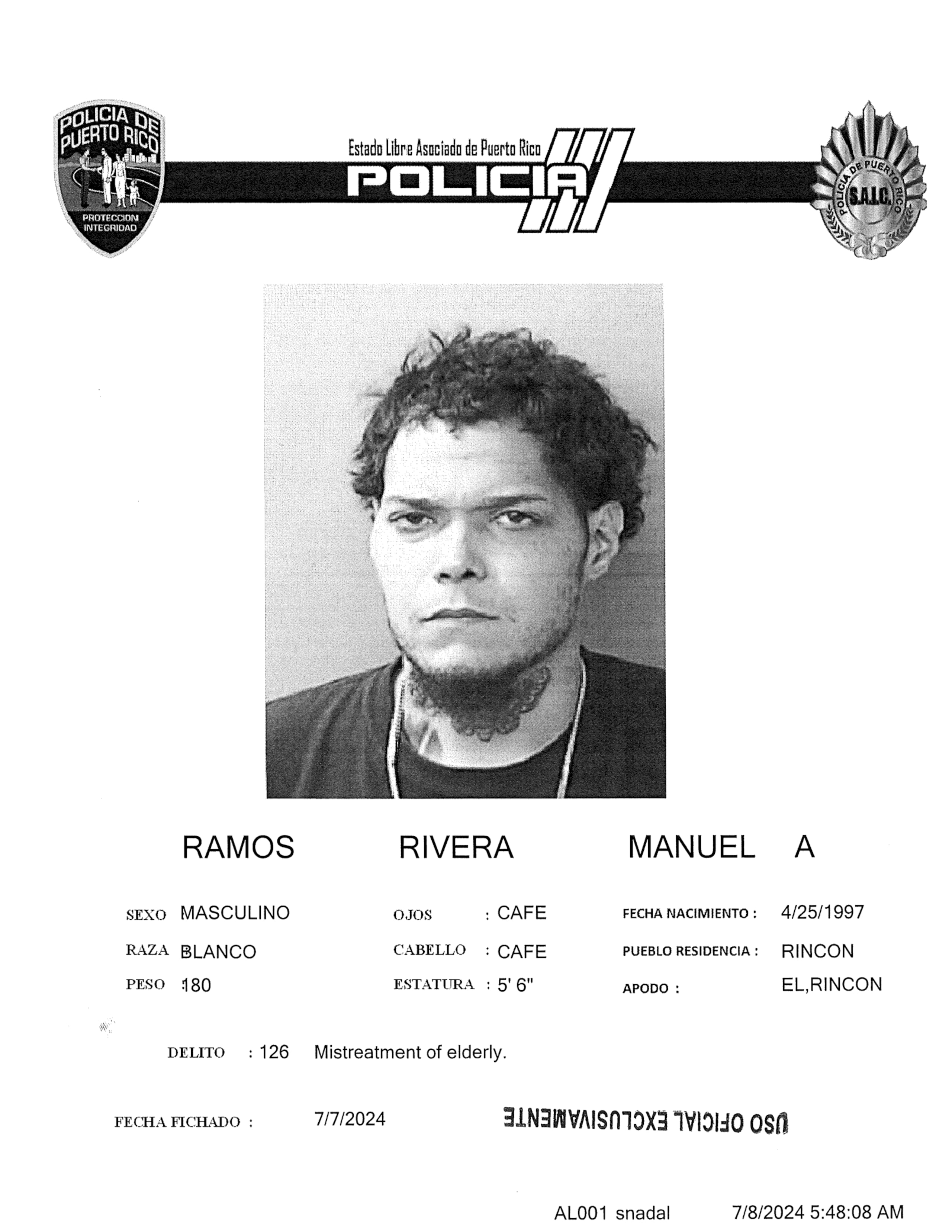 Manuel Alexis Ramos Rivera, el sospechoso de agredir a su madre y llevarle su vehículo en Rincón el 7 de julio de 2024.