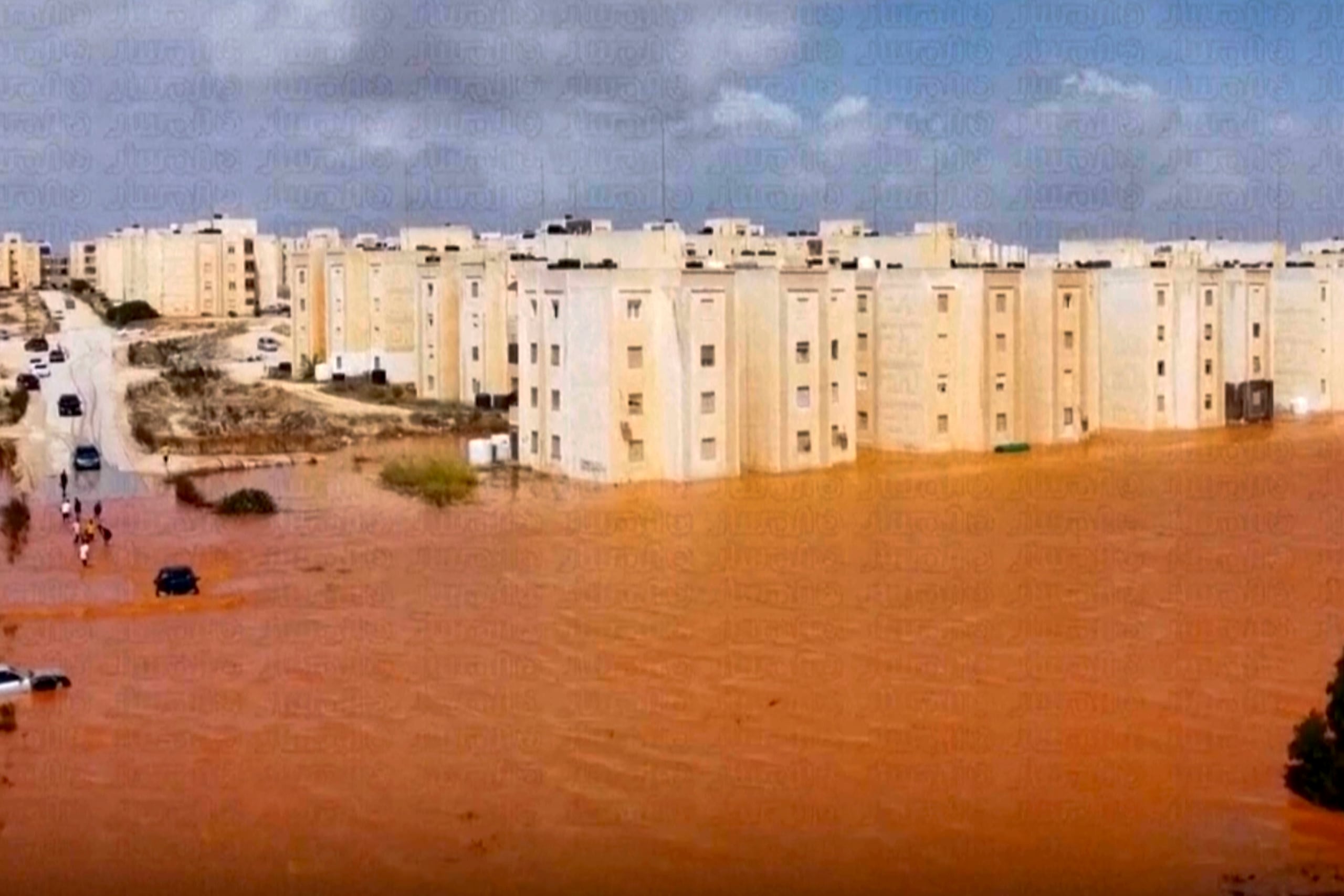 Streets a flooded after storm Daniel in Marj, Libya, Monday, Sept. 11, 2023. The head of one of Libya’s rival governments says that 2,000 people are feared dead in flooding that swept through the eastern parts of the north African nation. (Libya Almasar TV via AP)
