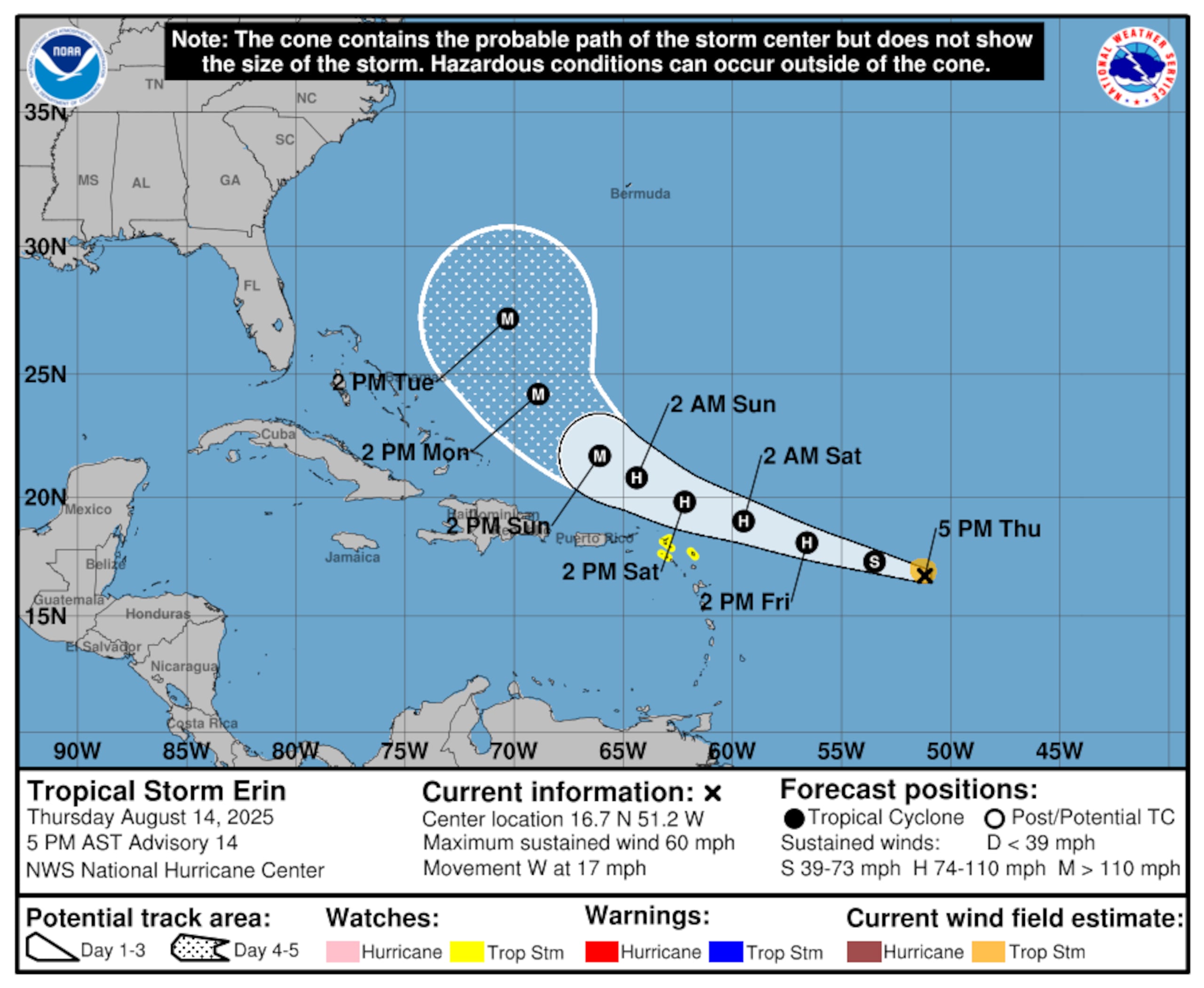 Erin continuará moviéndose en dirección oeste-noroeste, según el boletín de las 5:00 de la tarde del jueves 14 de agosto. (NOAA)