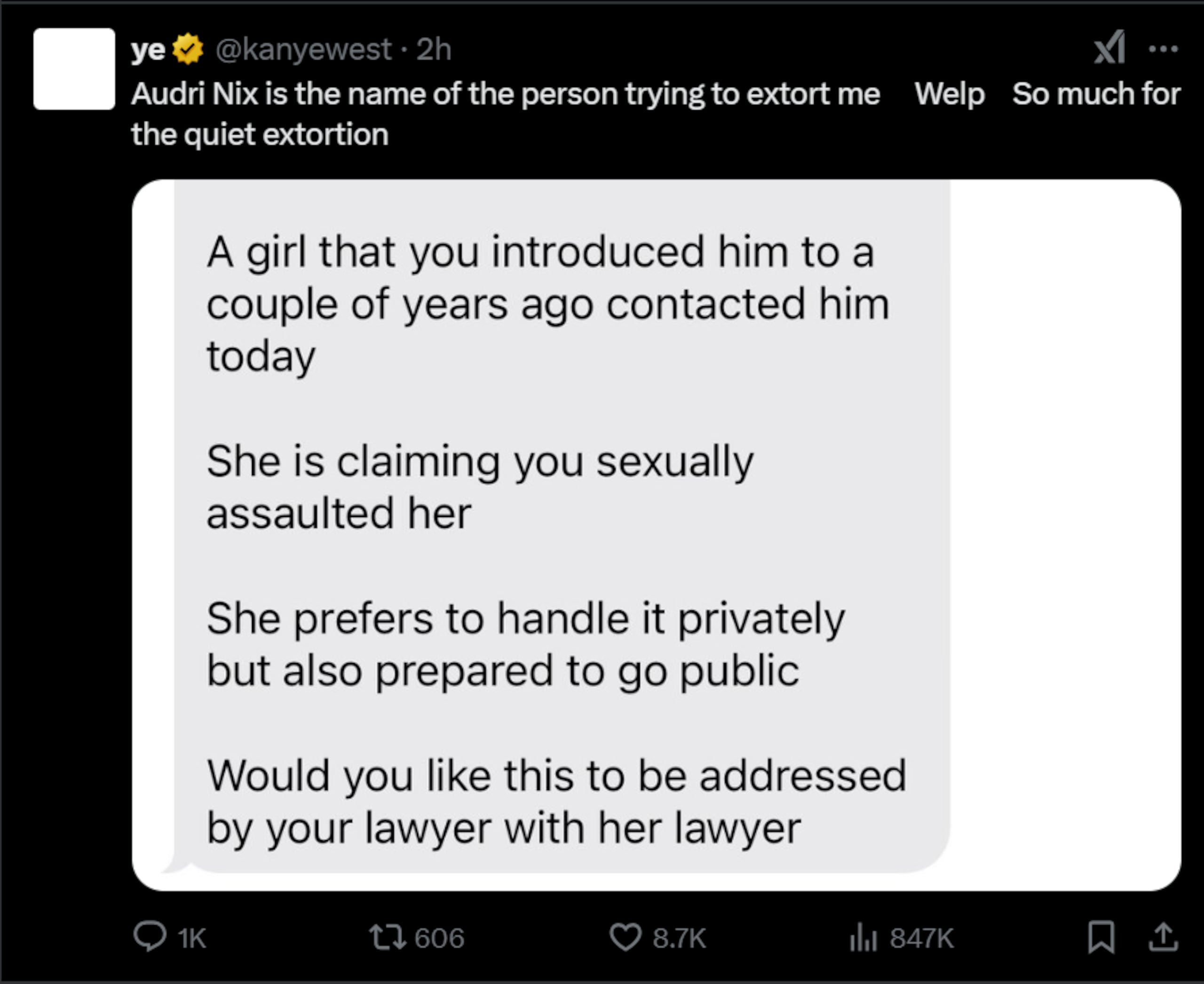 Publicación de West en la red social X, diciendo que Nix intenta extorsionarlo.