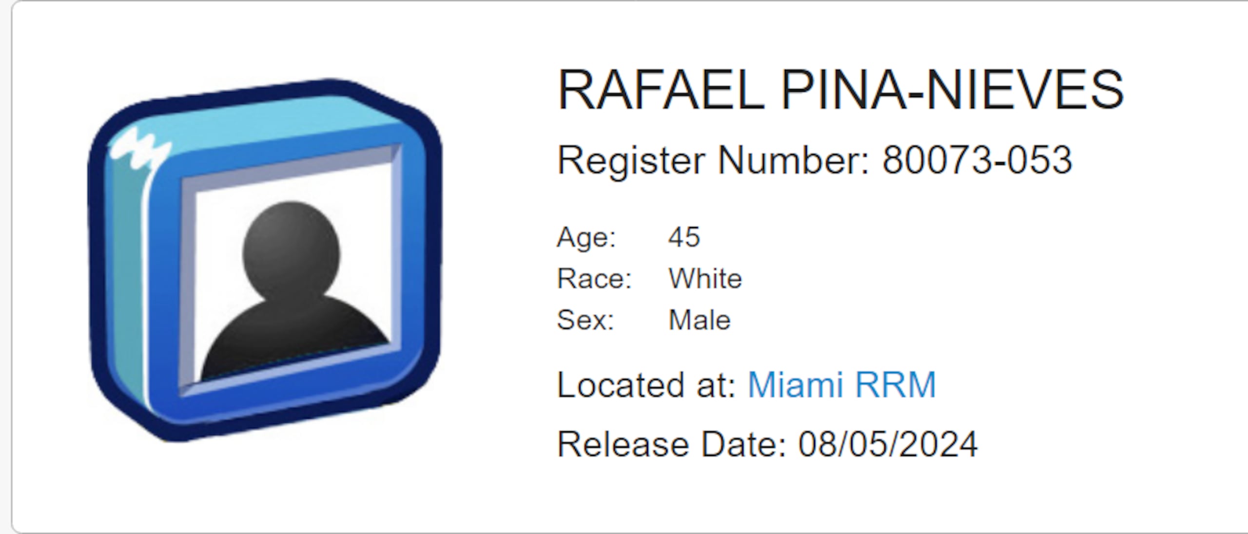 El expediente electrónico de Pina indica que este se encuentra en un centro residencial de reingreso en Miami, Florida.