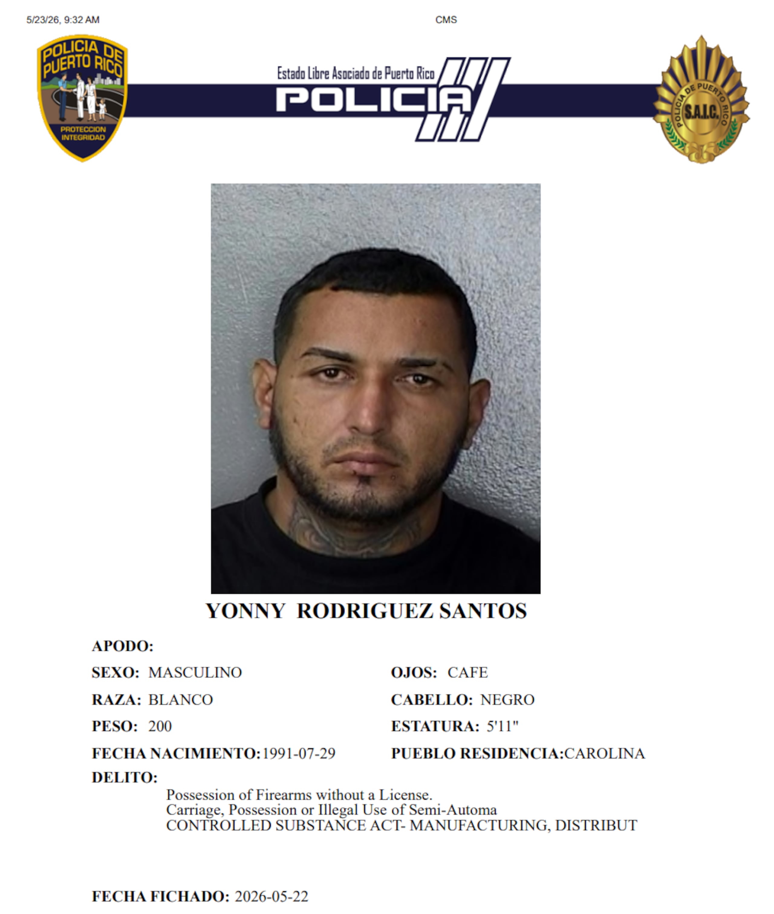Ficha policiaca de Yonny Rodríguez Santos, de 34 años y residente del residencial Los Mirtos de Carolina, quien figura como presunto integrante de la organización criminal “La Familia Carolina”.