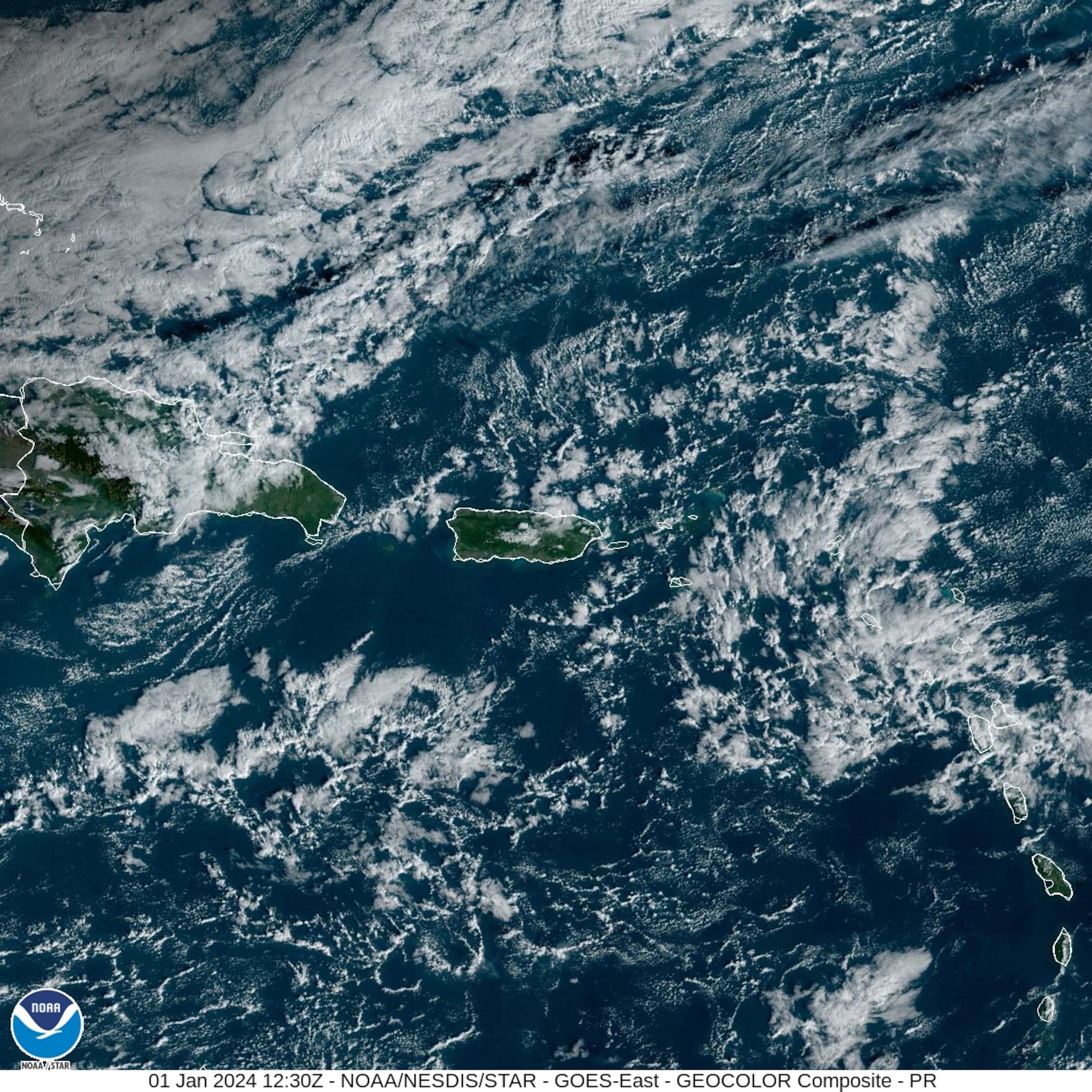 Imagen de satélite de Puerto Rico esta mañana, 1 de enero de 2024.