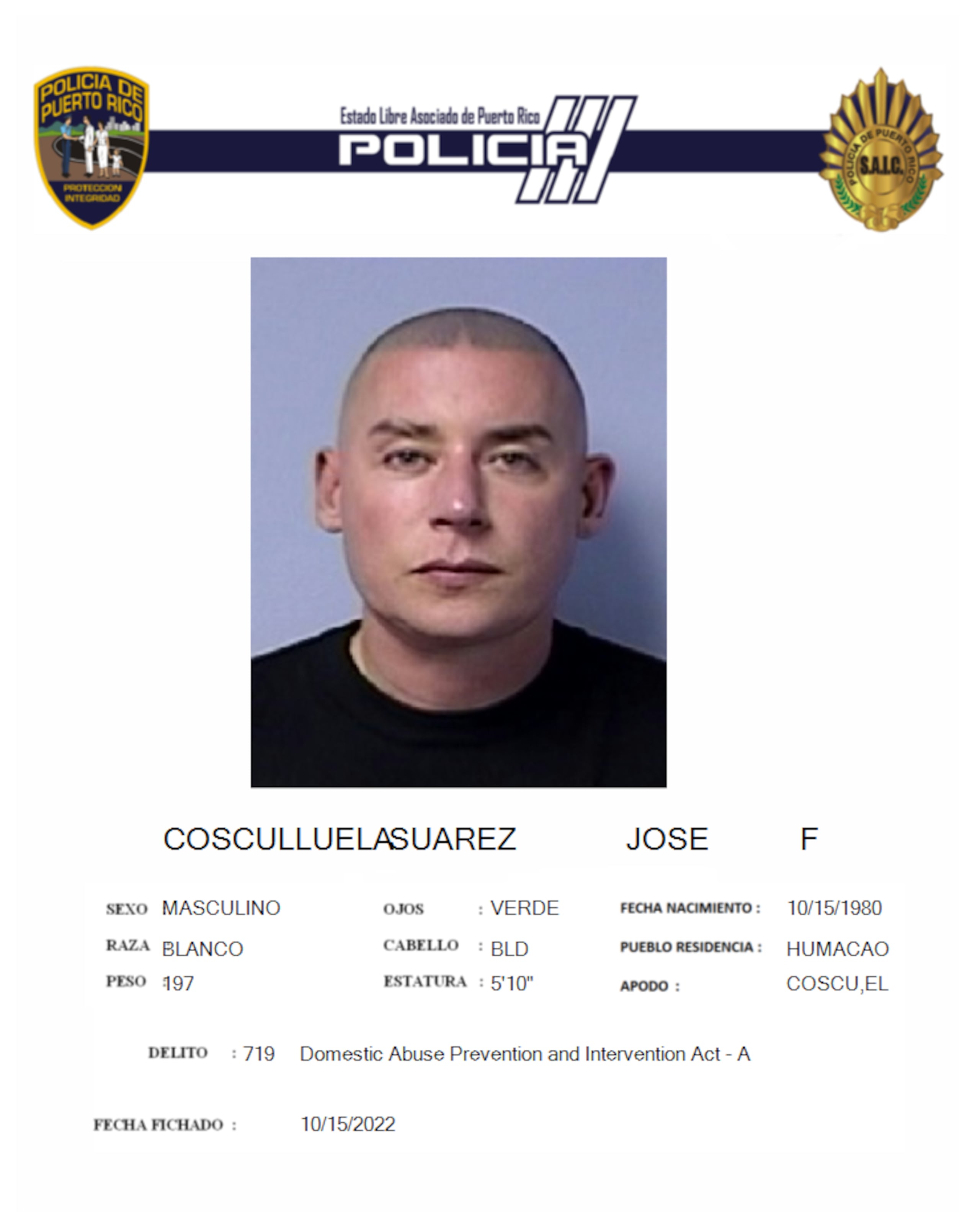 José F. Cosculluela Suárez, fue sentenciado a cumplir cinco años de probatoria por un caso de violencia doméstica contra su exesposa.