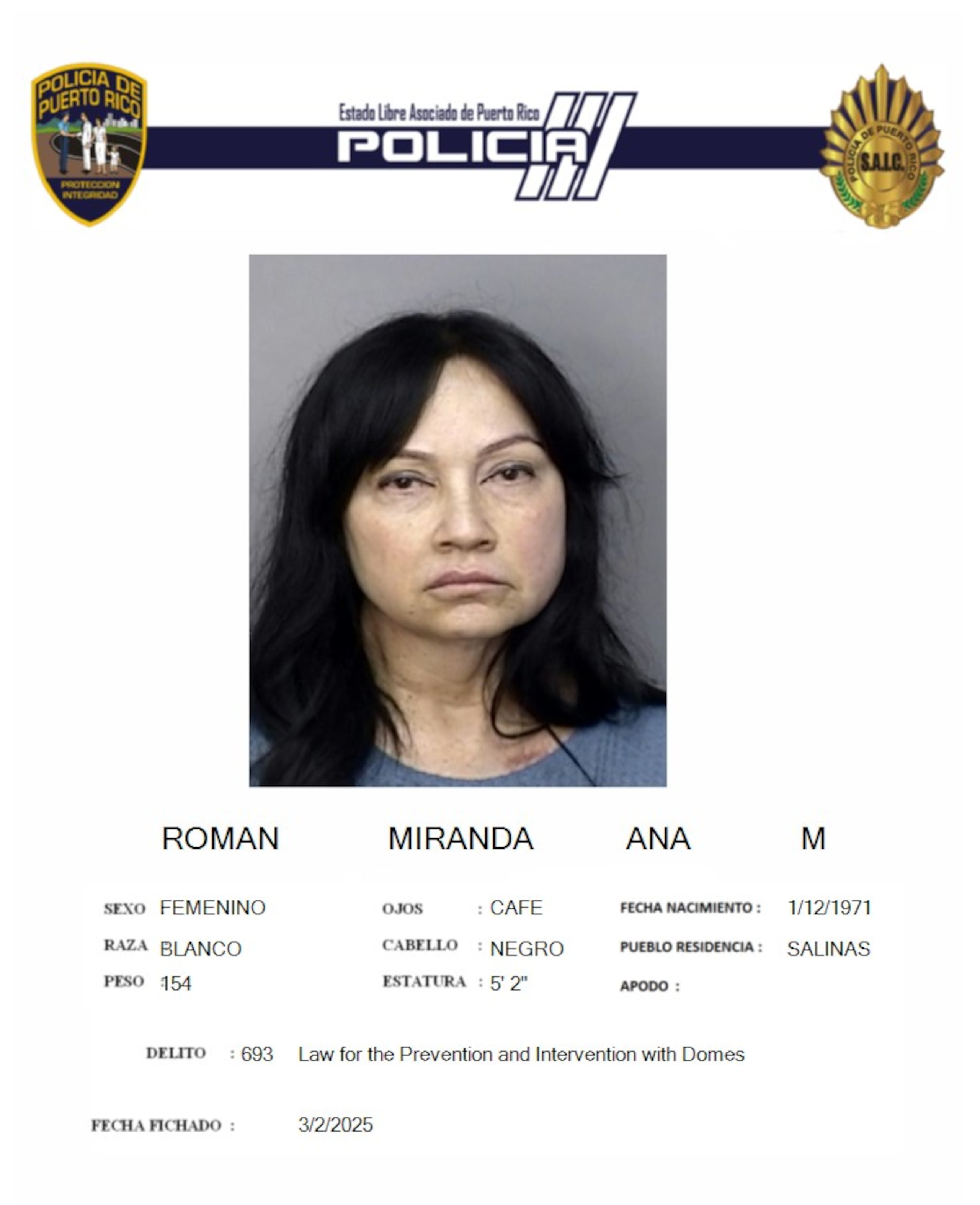Ana M. Román Miranda, fue acusada por violencia doméstica y violación a la Ley de Armas.