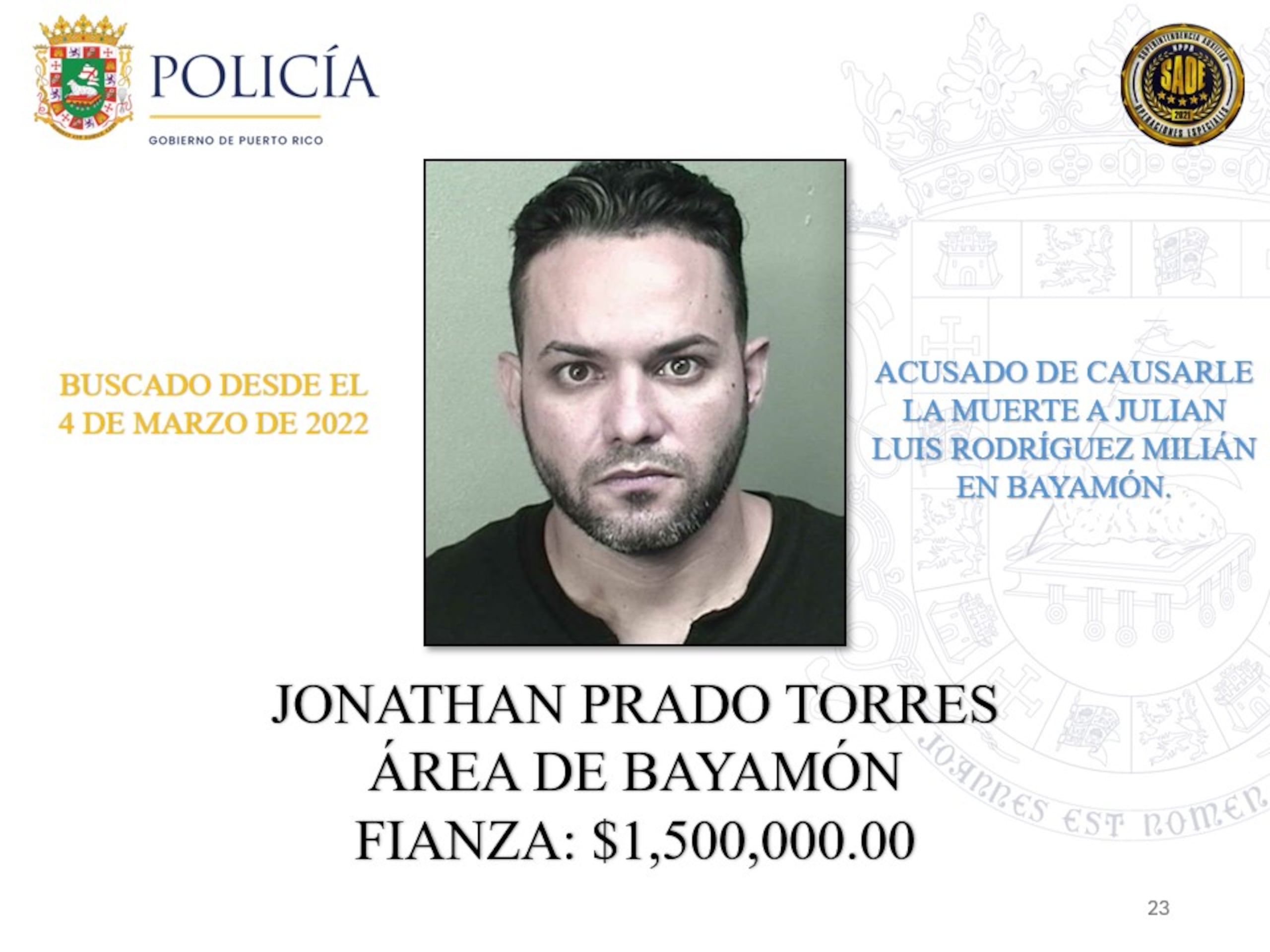 Jonathan Prado Torres | La Policía de Puerto Rico exhorta a la ciudadanía a colaborar con las autoridades para lograr la captura de 25 individuos que permanecen prófugos de la justicia y contra quienes pesan órdenes de arresto por delitos de asesinato ocurridos en distintos municipios de la Isla.
Estos individuos son considerados de alta peligrosidad y son buscados por hechos que han cobrado la vida de múltiples víctimas. Algunos de ellos han evadido la justicia durante años, mientras que otros enfrentan acusaciones recientes por asesinatos cometidos durante el presente año.