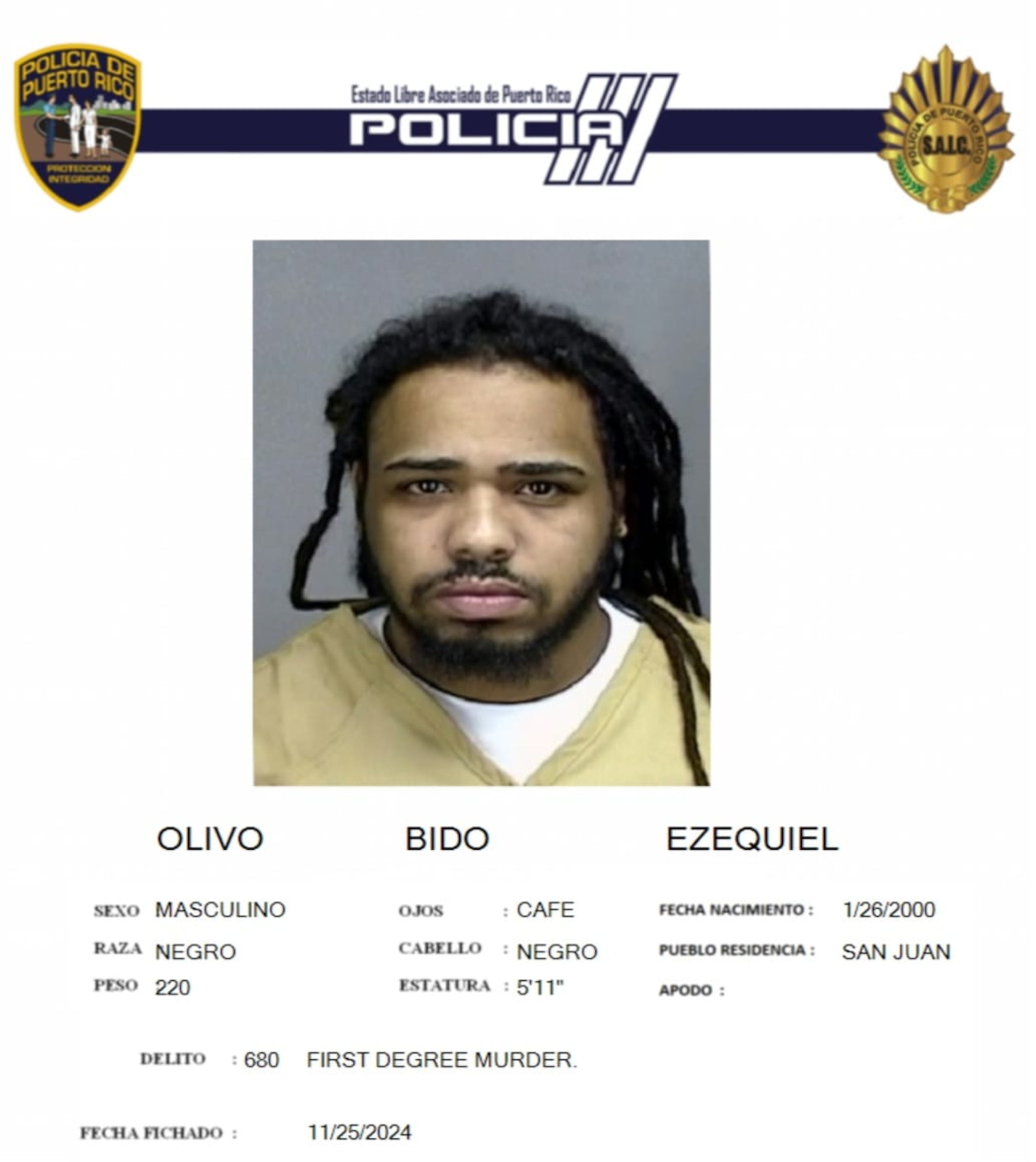 Ezequiel Olivo Bido, está acusado por asesinato en primer grado, secuestro, Ley de Armas y conspiración.