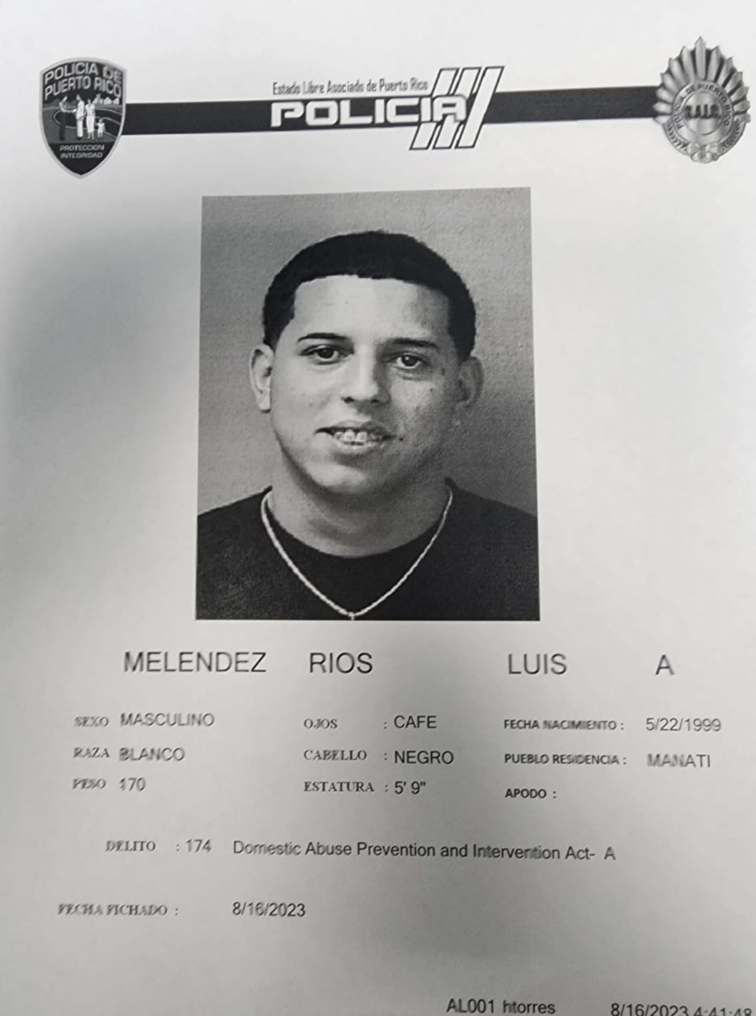 Ficha policial de Luis Alexander Meléndez Ríos.