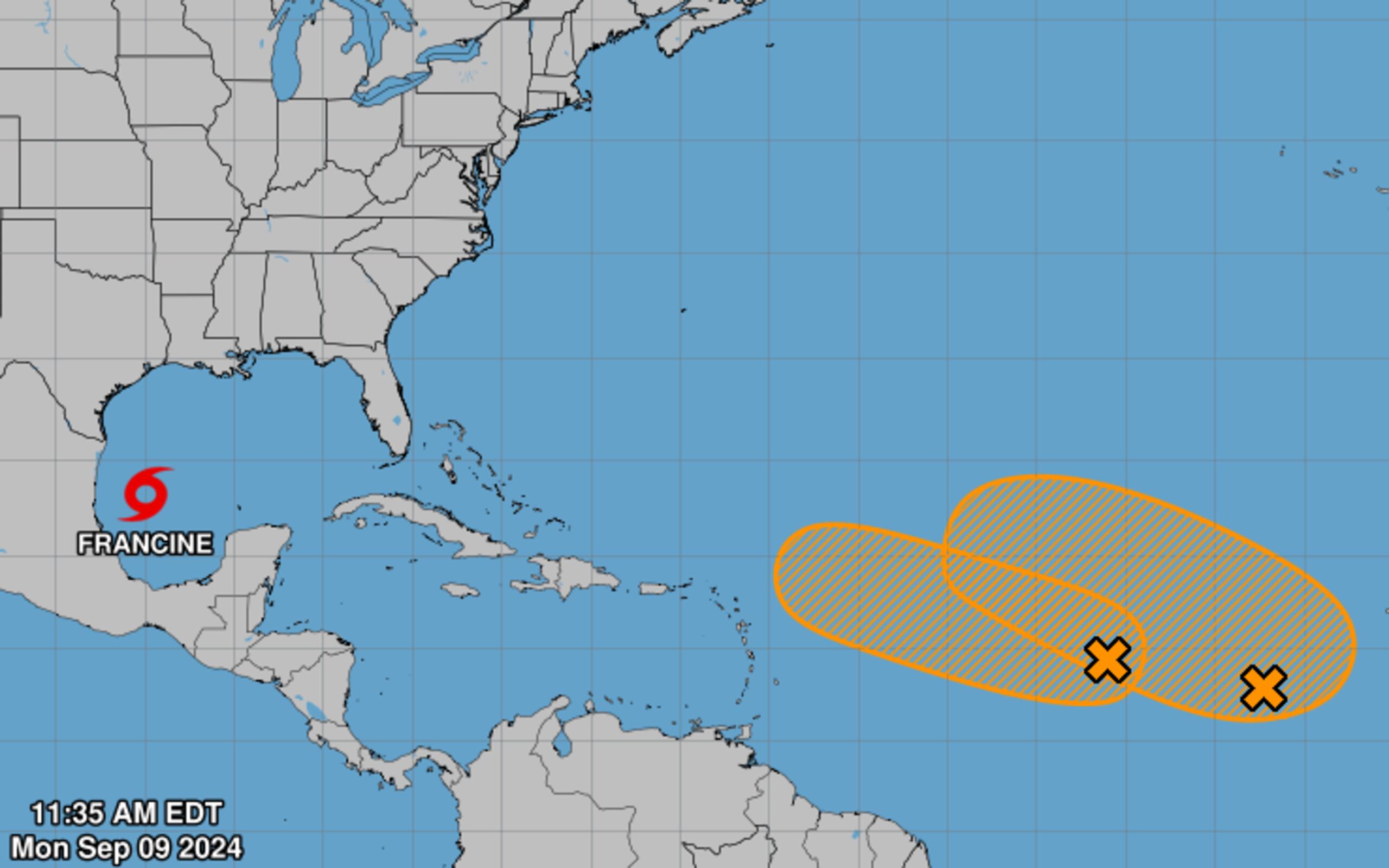 Los sistemas en el océano Atlántico que el Centro Nacional de Huracanes monitorea actualmente.