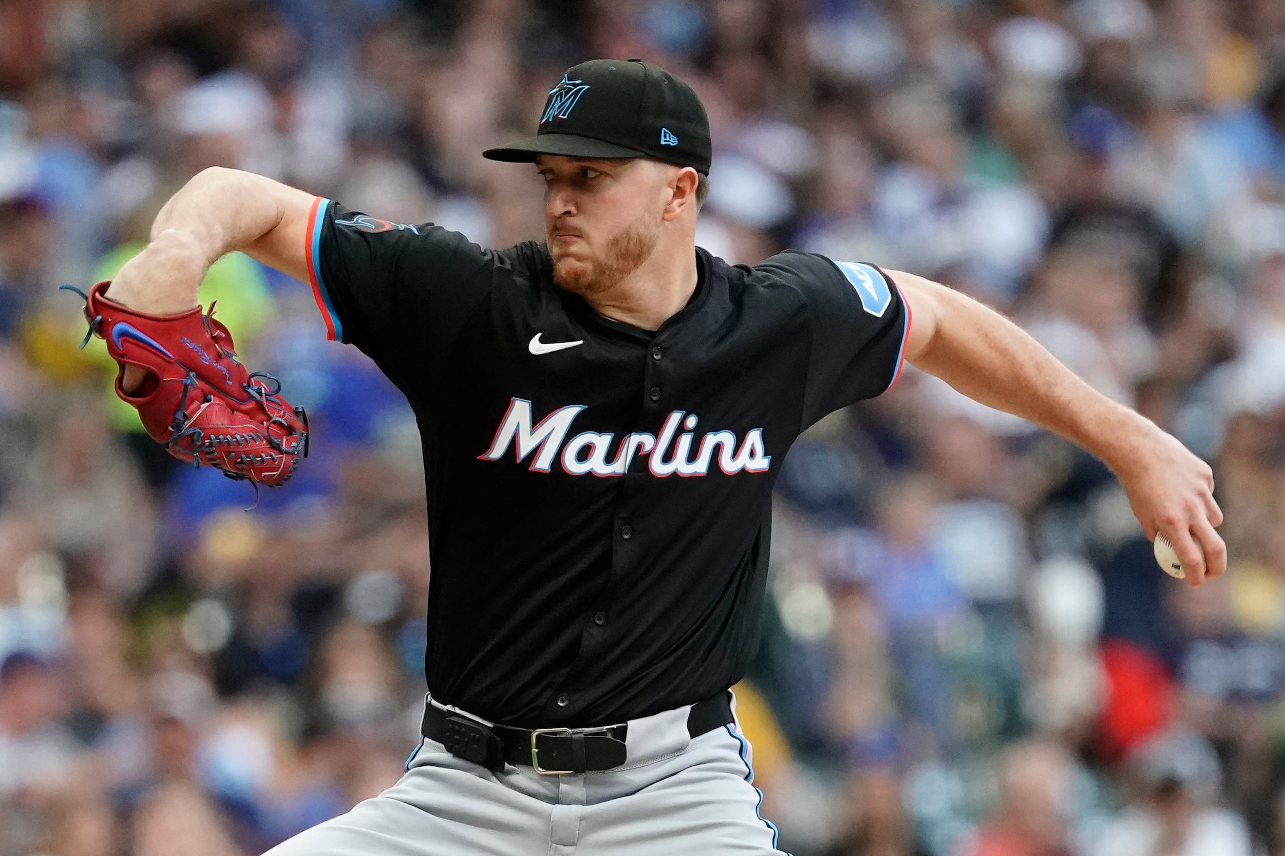 Miami Marlins' Trevor Rogers pitches during the first inning of a baseball game against the Milwaukee Brewers, Friday, July 26, 2024, in Milwaukee. (AP Photo/Aaron Gash)