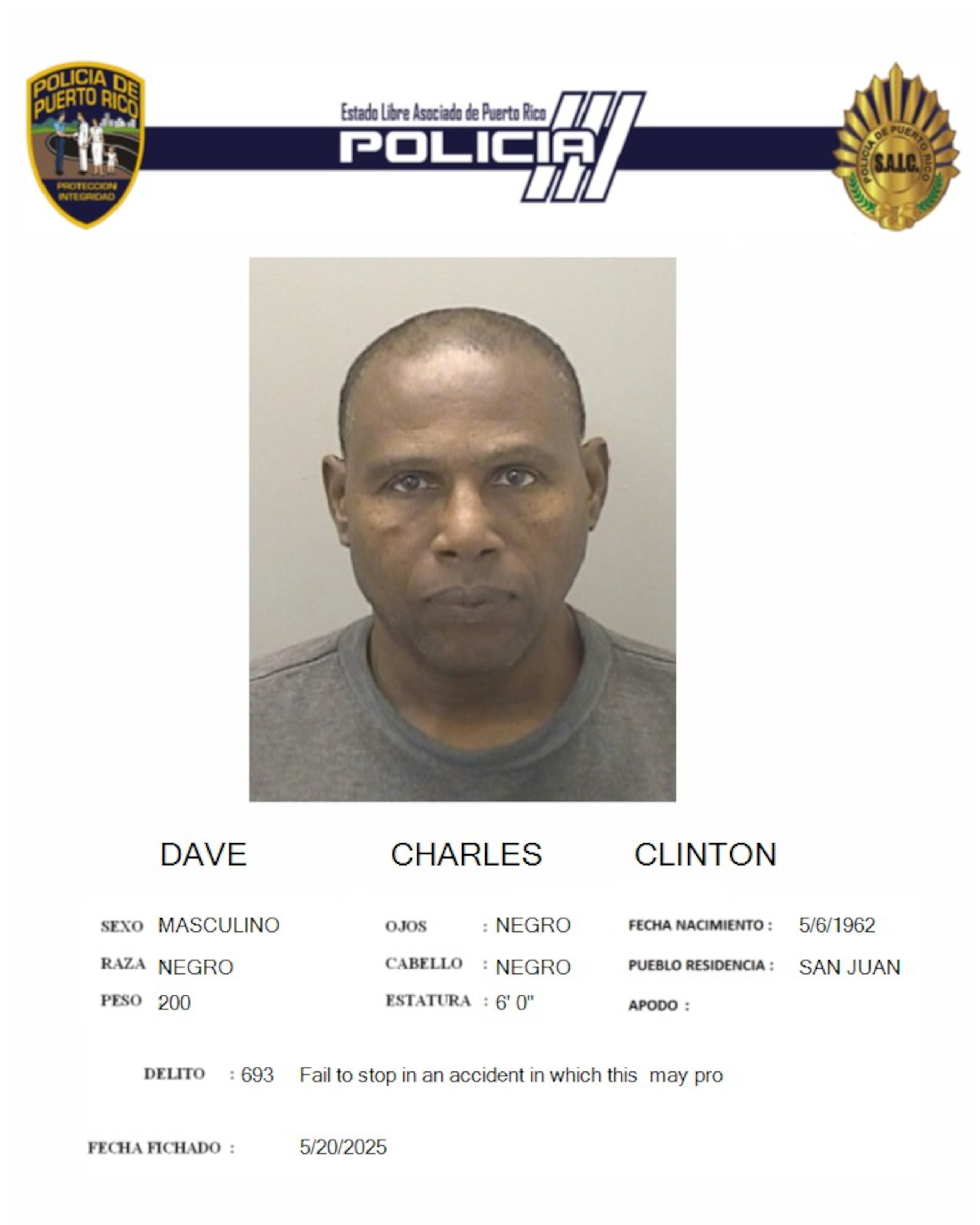 Clinton Dave Charles, fue acusado por un "hit and run", ocurrido el 14 de mayo en Puerto Nuevo.